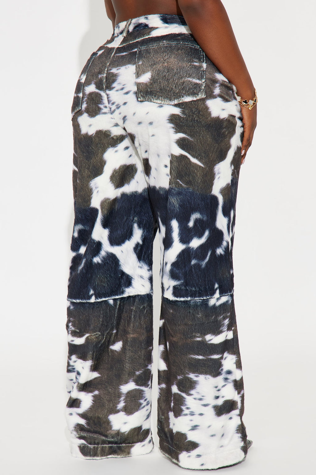 Early Dawn Faux Fur Cow Print Wide Leg Pant 33 - Black/White 