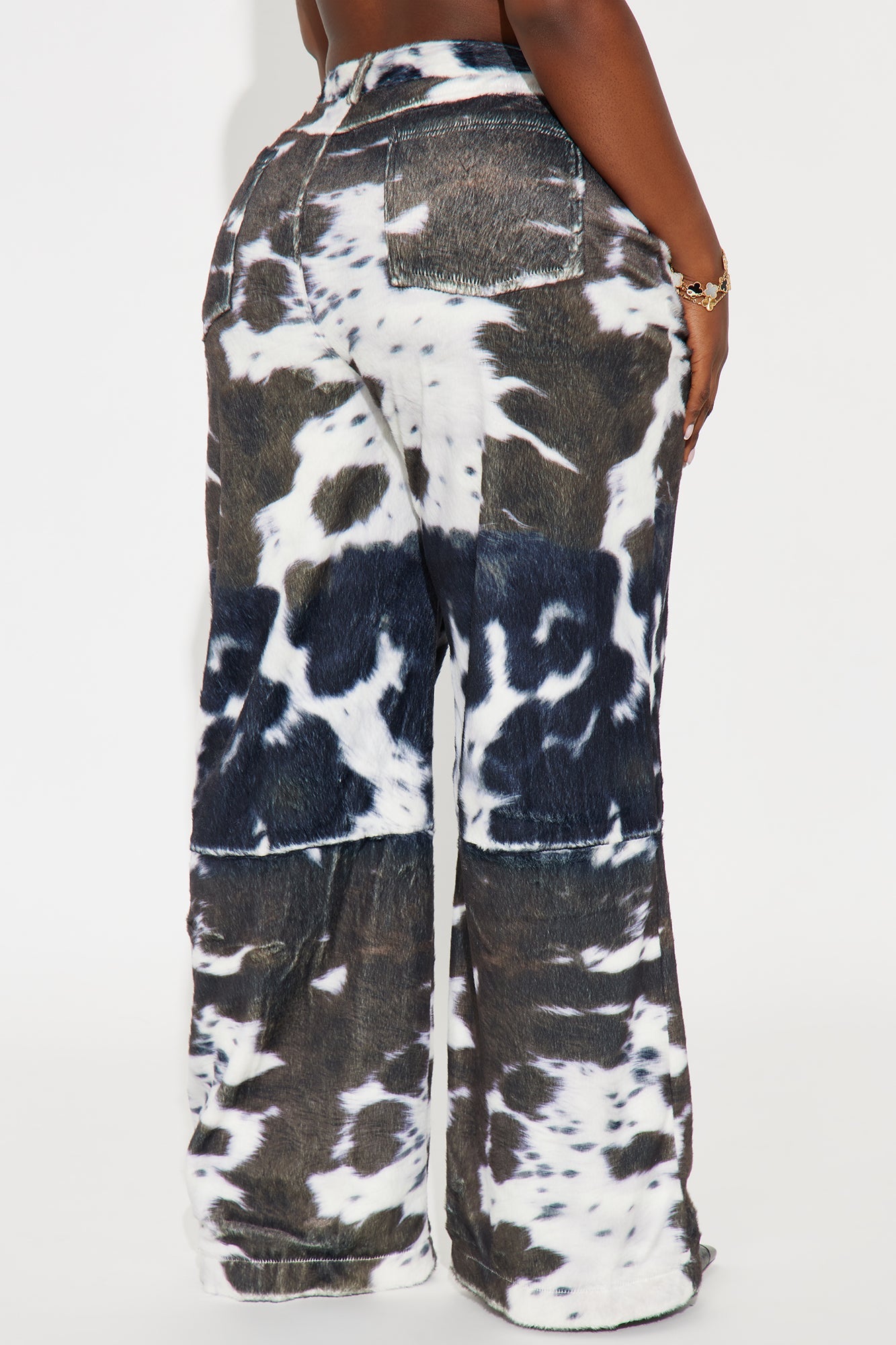 Early Dawn Faux Fur Cow Print Wide Leg Pant 33 - Black/White 