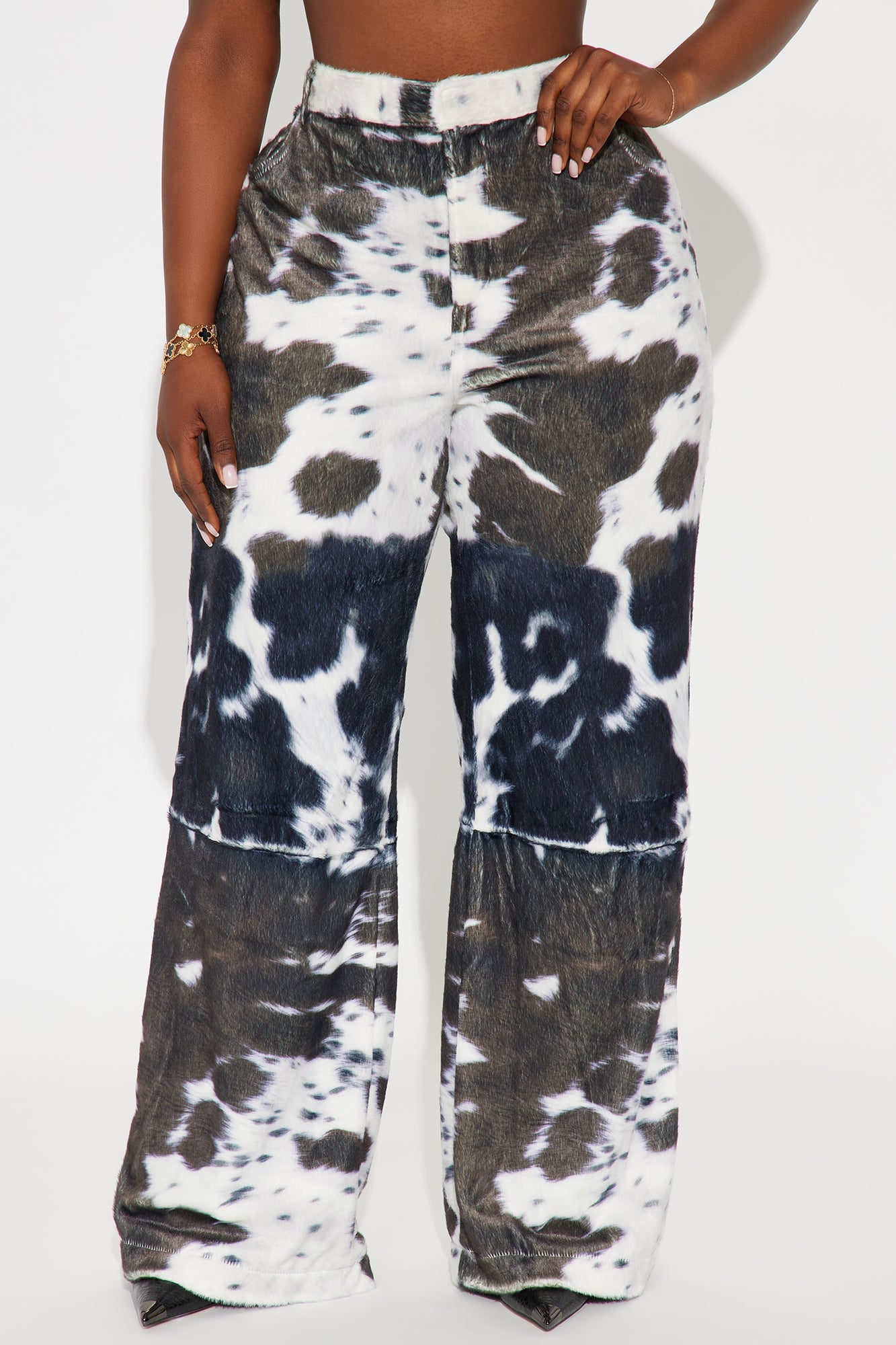 Early Dawn Faux Fur Cow Print Wide Leg Pant 33 - Black/White 