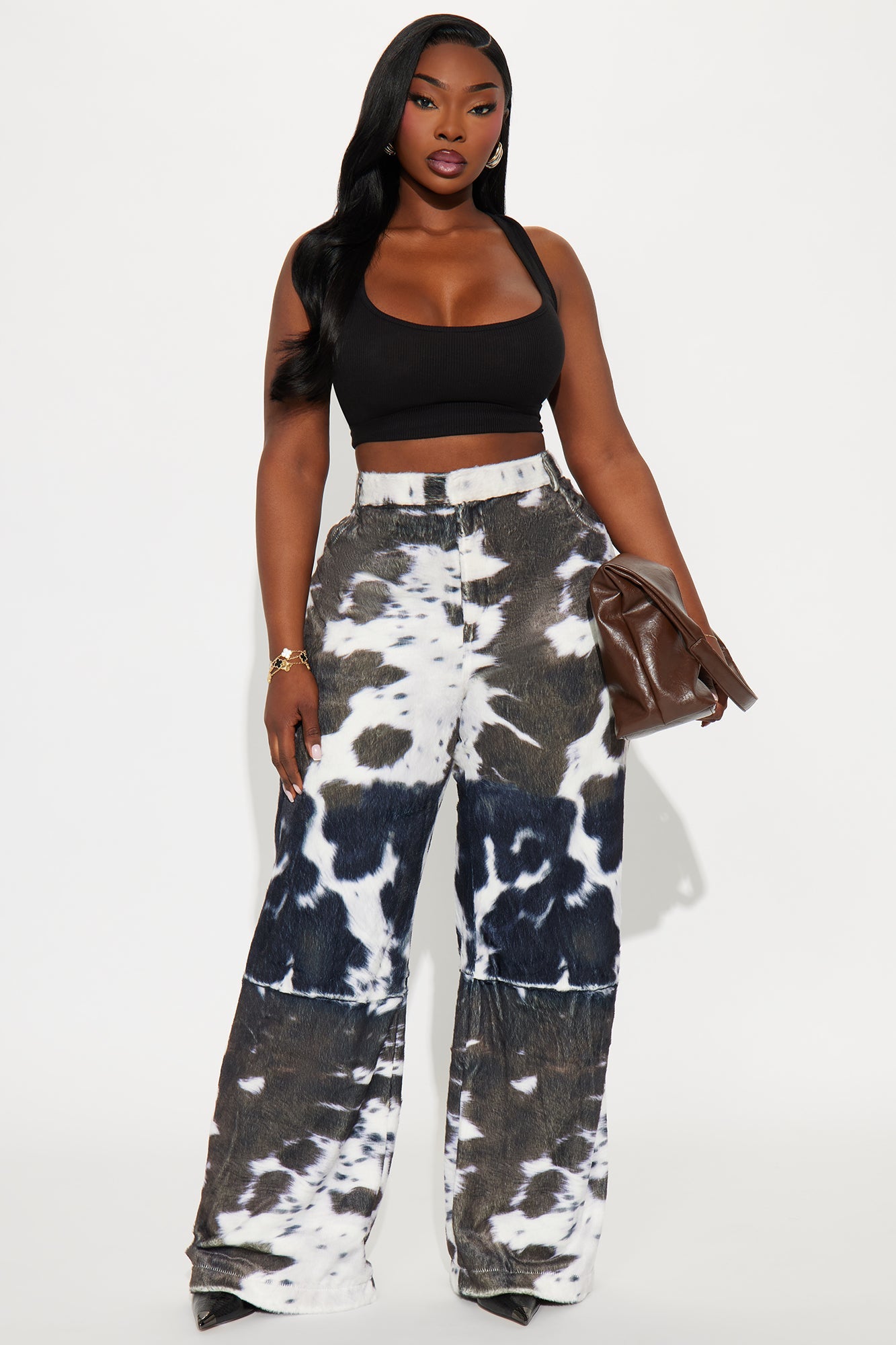 Early Dawn Faux Fur Cow Print Wide Leg Pant 33 - Black/White 