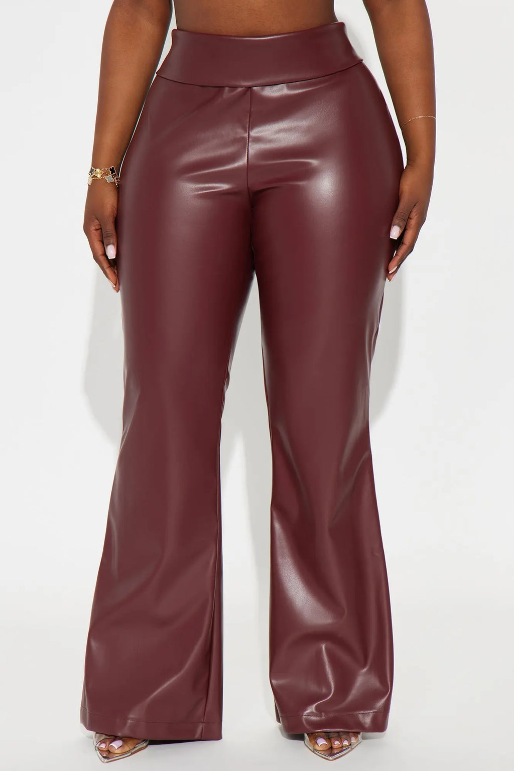Roxi Foldover Faux Leather Wide Leg Pants - Burgundy 