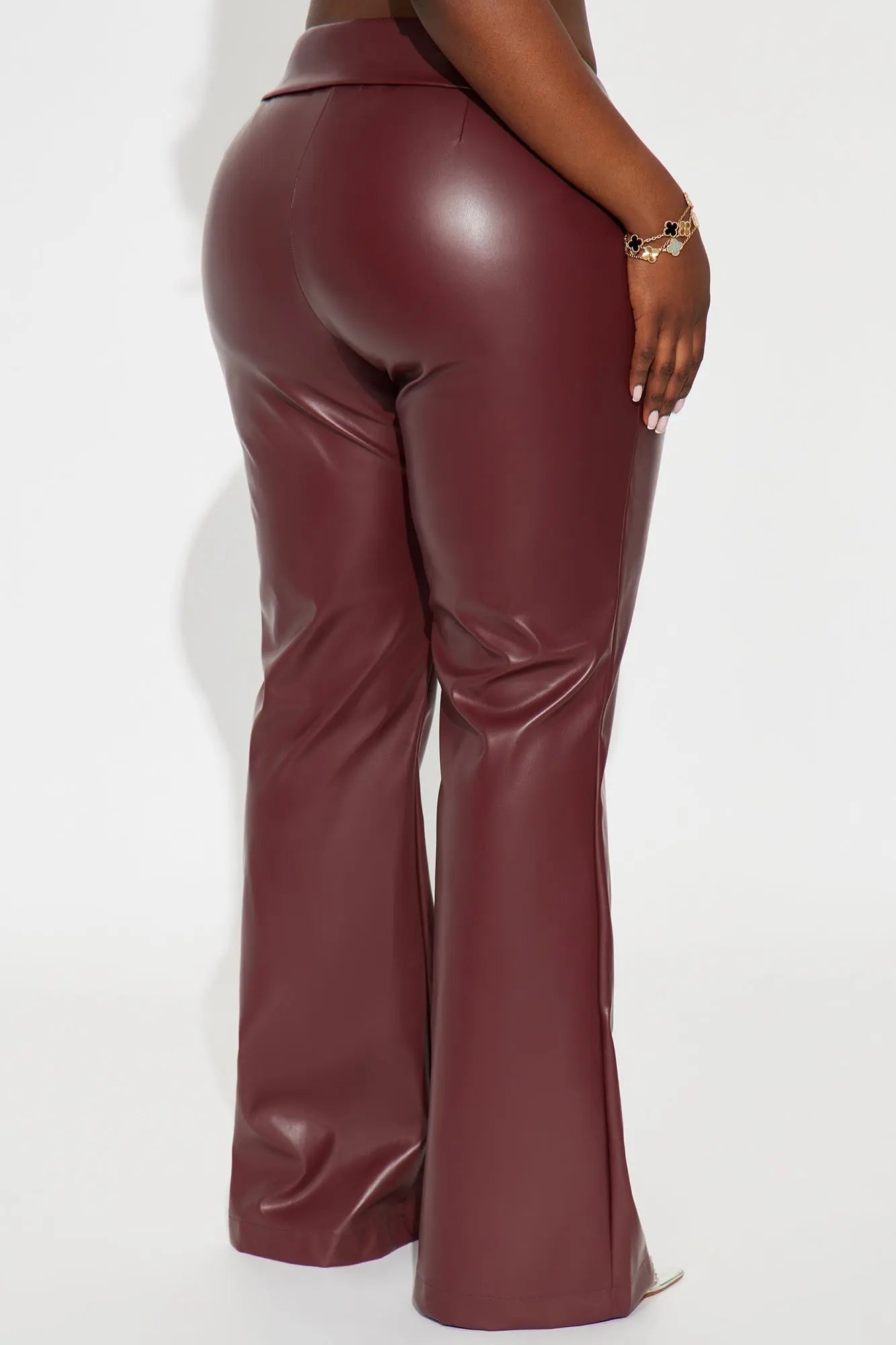Roxi Foldover Faux Leather Wide Leg Pants - Burgundy 