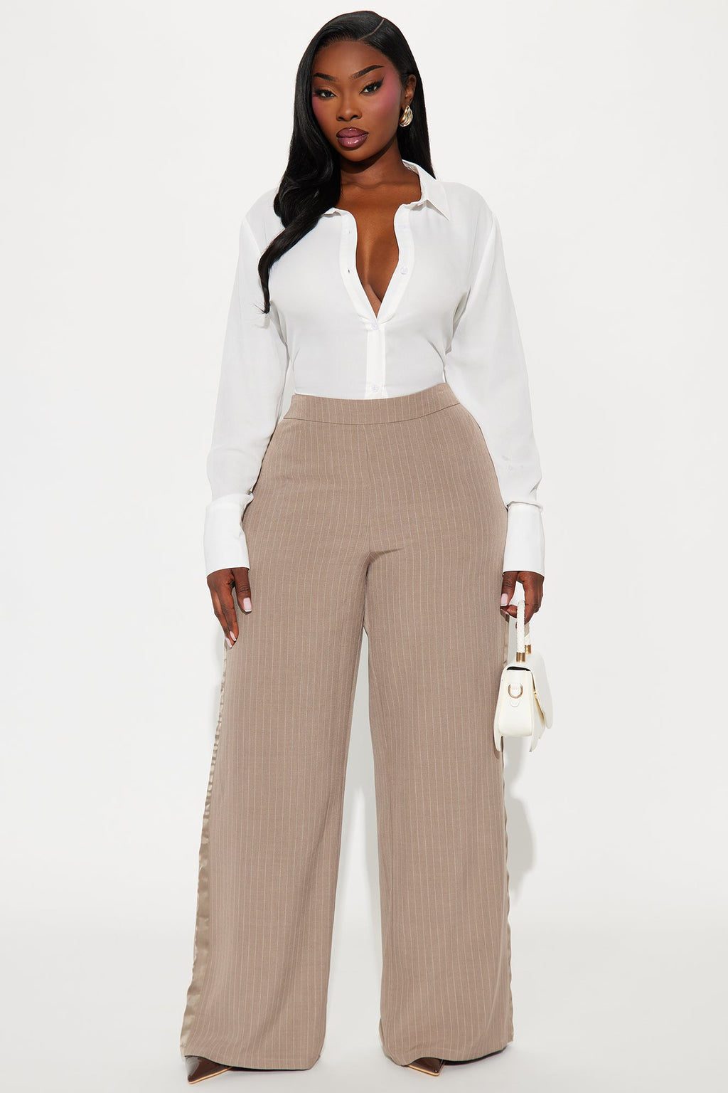 Don't Need To Pretend Pinstripe Wide Leg Trouser Pant 33 - Stone 