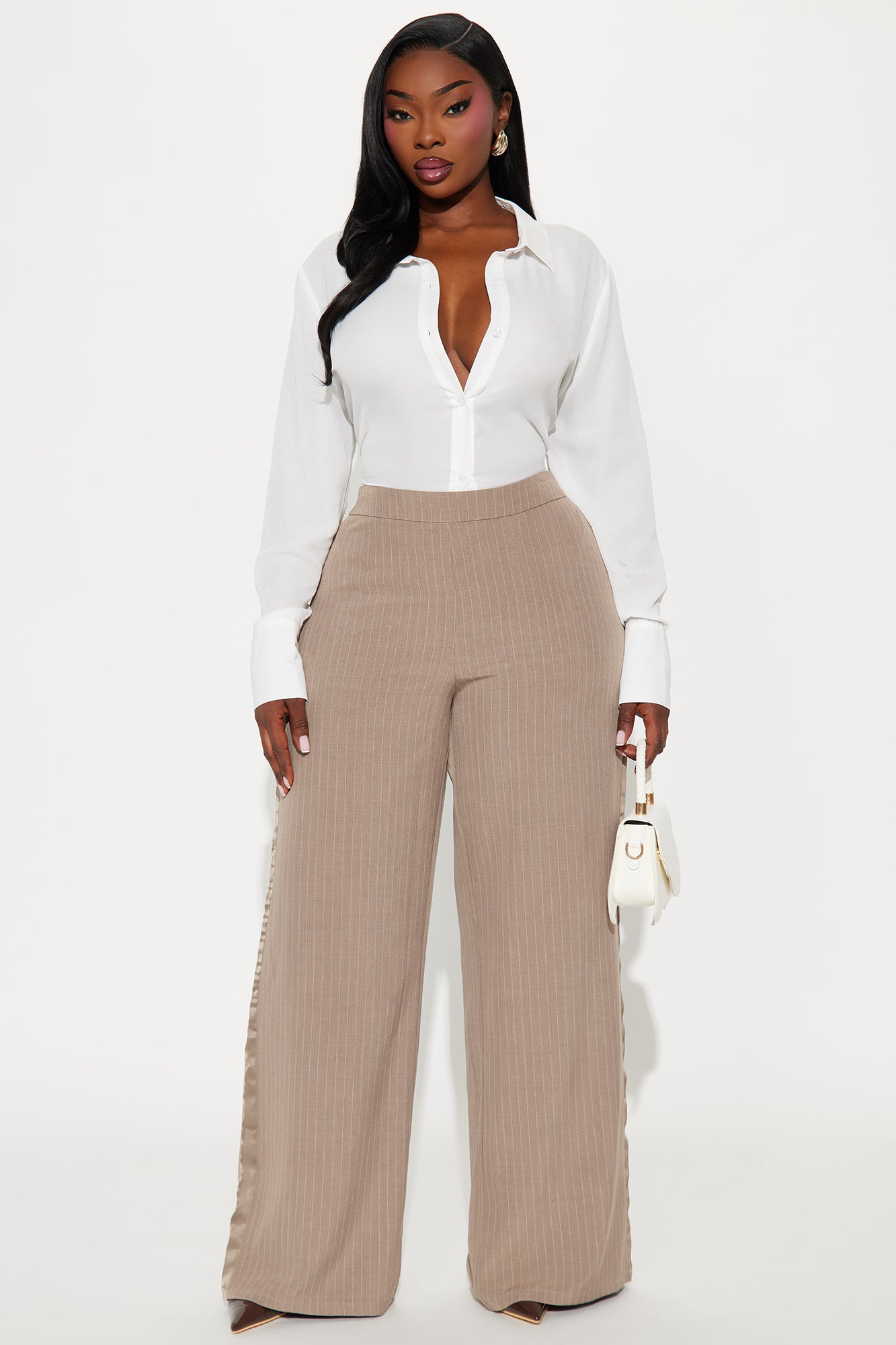 Don't Need To Pretend Pinstripe Wide Leg Trouser Pant 33 - Stone 