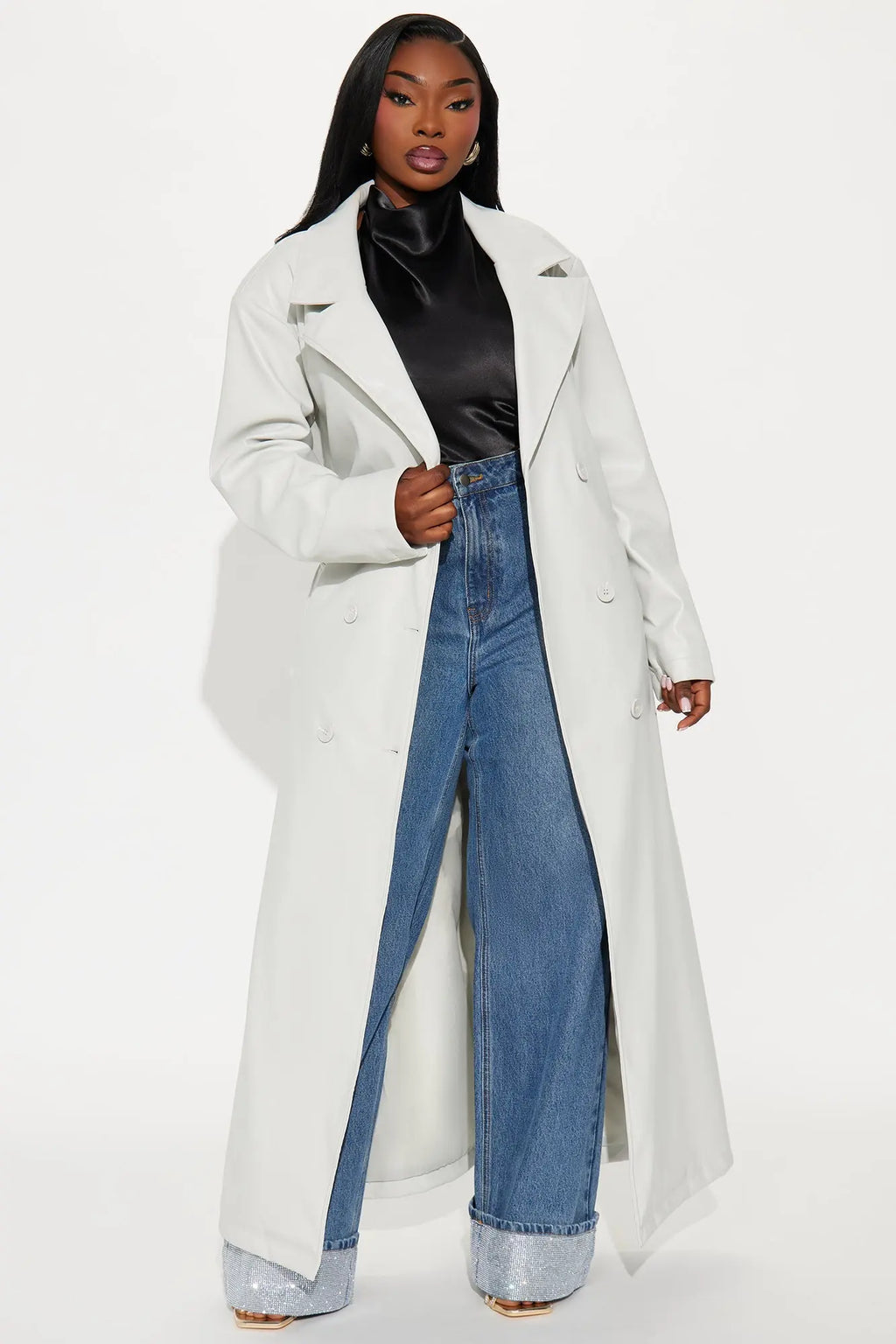 Sidewalk Strut Faux Leather Trench Coat - Light Grey 