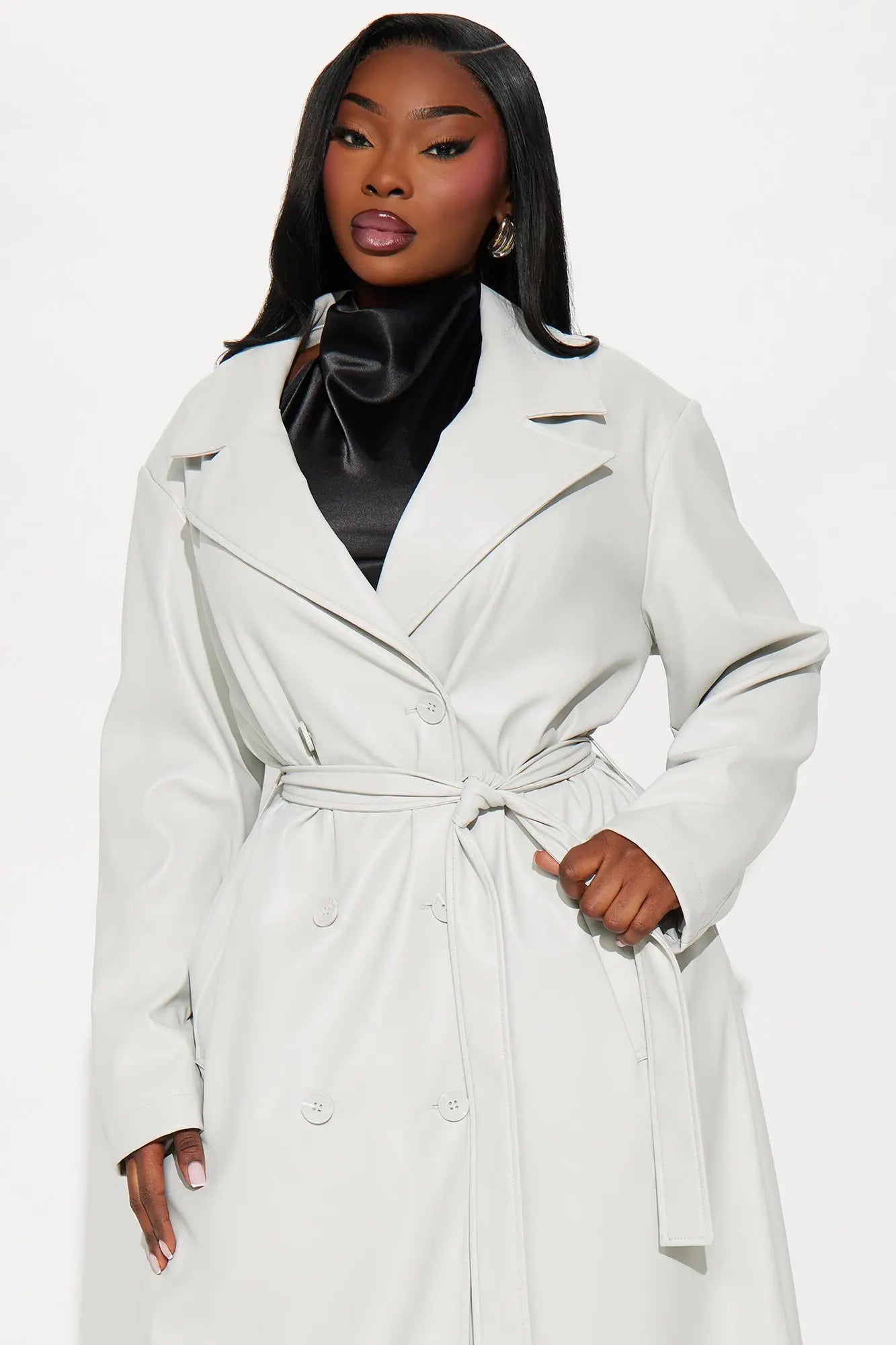 Sidewalk Strut Faux Leather Trench Coat - Light Grey 