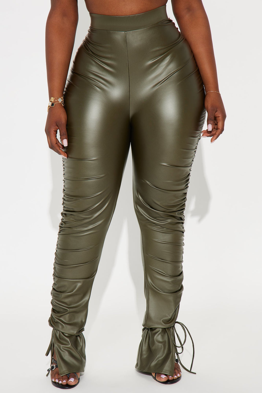 Heat Wave Faux Leather Stacked Pants - Olive 
