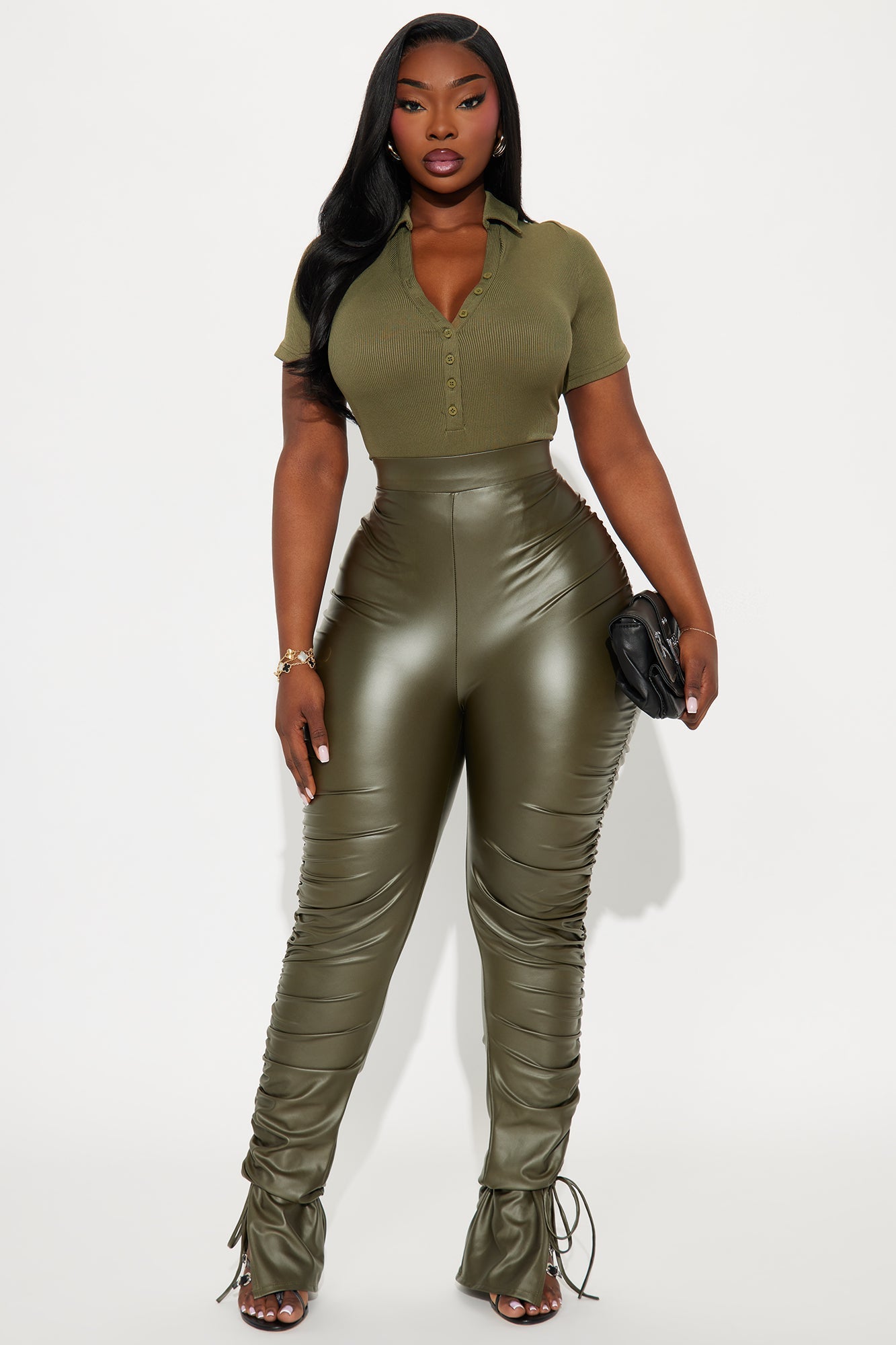 Heat Wave Faux Leather Stacked Pants - Olive 