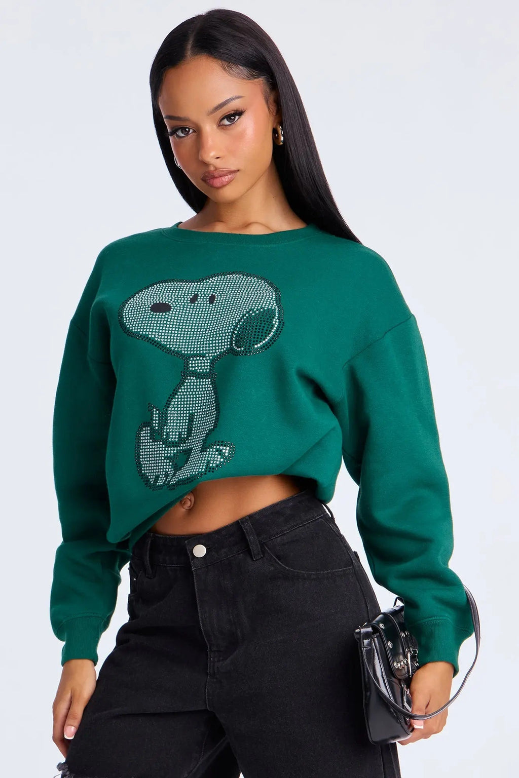 Snoopy Rhinestone Crew Neck Sweatshirt - Green 