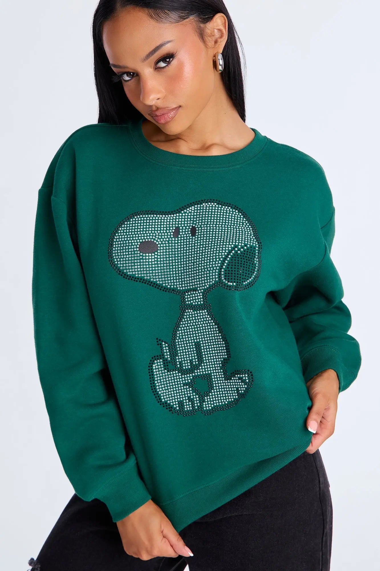 Snoopy Rhinestone Crew Neck Sweatshirt - Green 