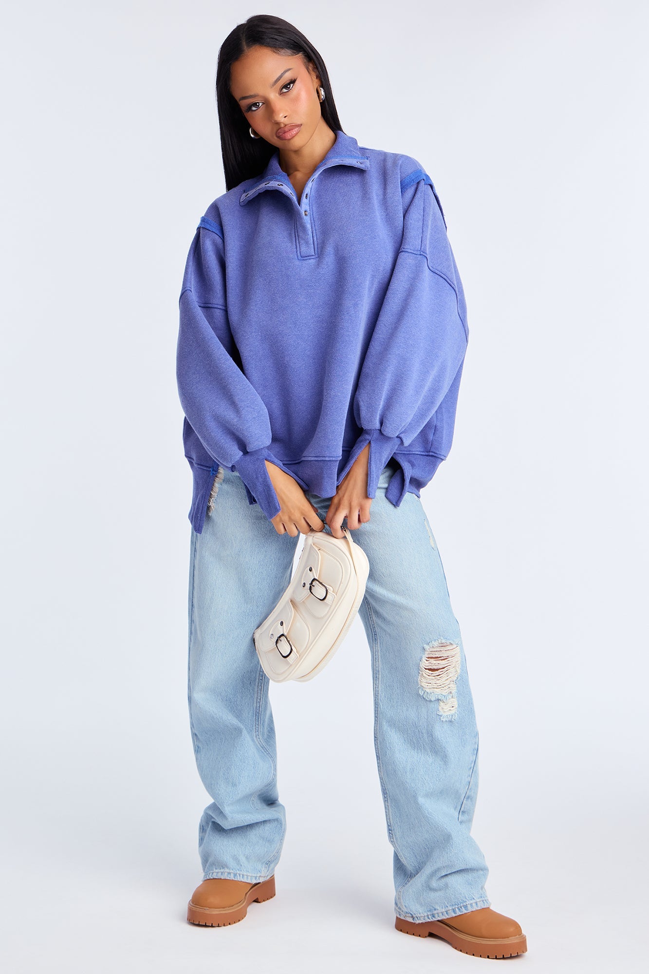 Vibe Check Washed Sweatshirt Quarter Sweatshirt - Blue