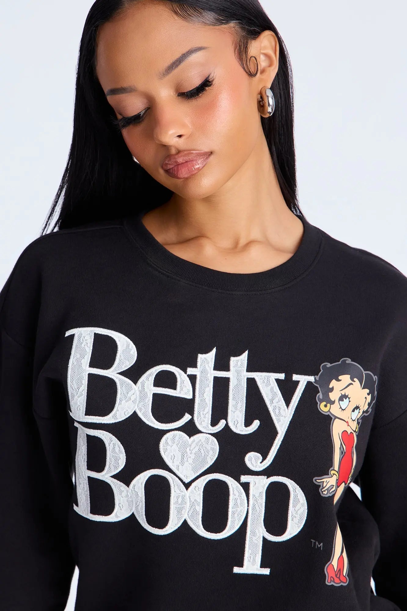 Betty Boop Lace Crew Neck Sweatshirt - Black 