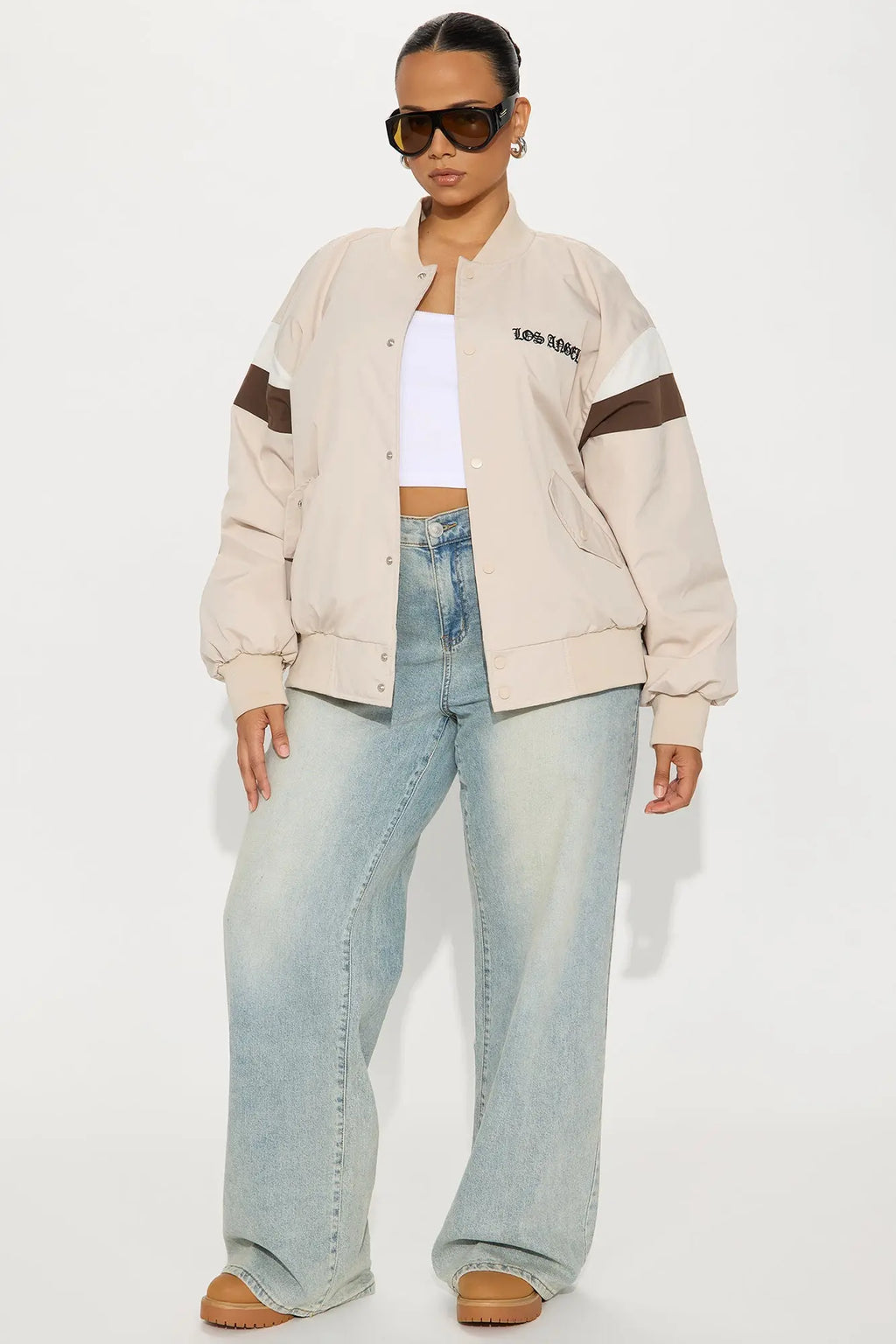 Los Angeles Raised Nylon Bomber Jacket - Beige 