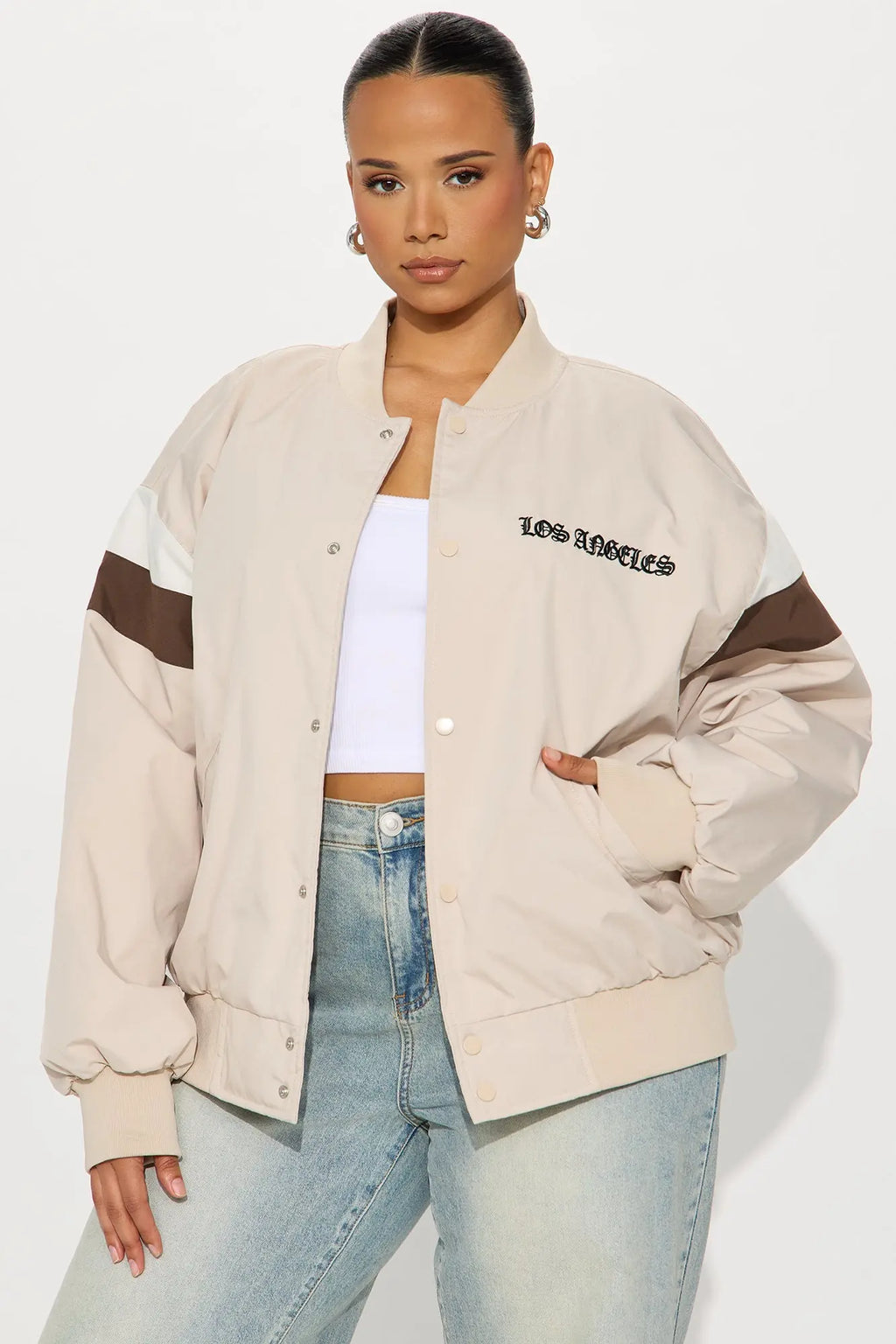Los Angeles Raised Nylon Bomber Jacket - Beige 