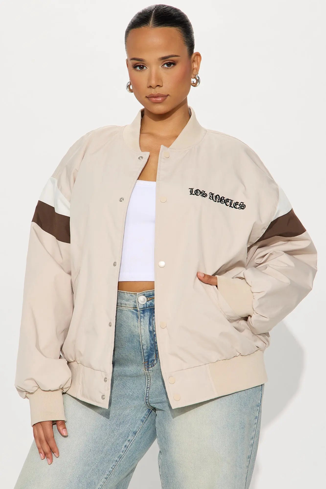 Los Angeles Raised Nylon Bomber Jacket - Beige 