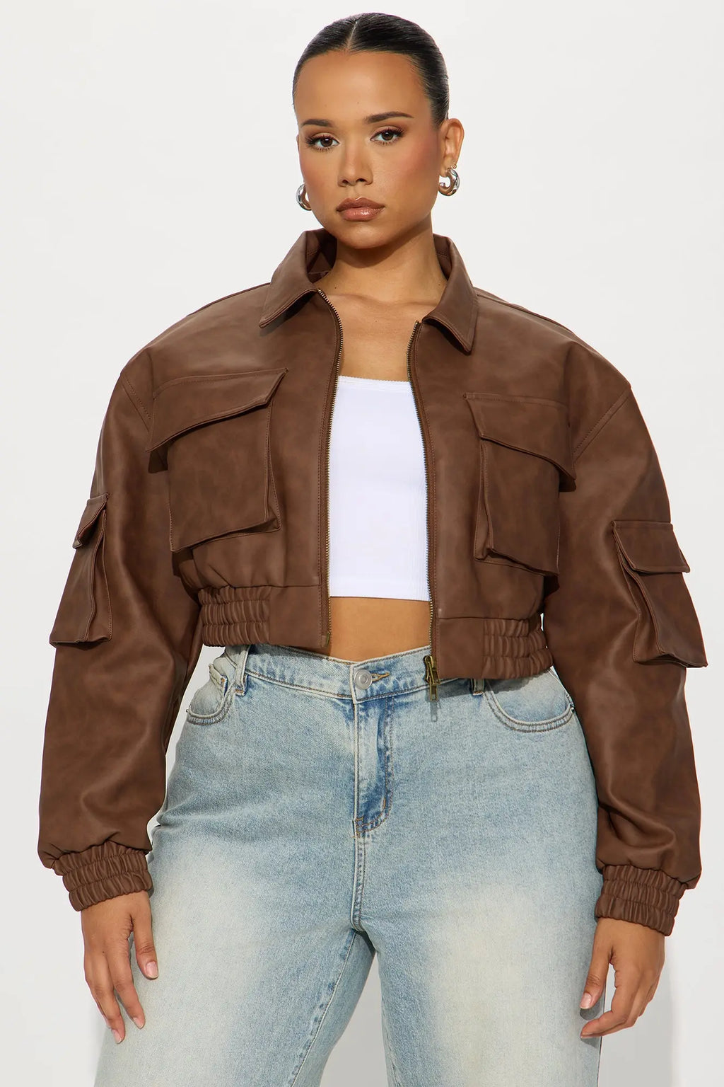 Georgie Cropped Faux Leather Bomber Jacket - Brown 