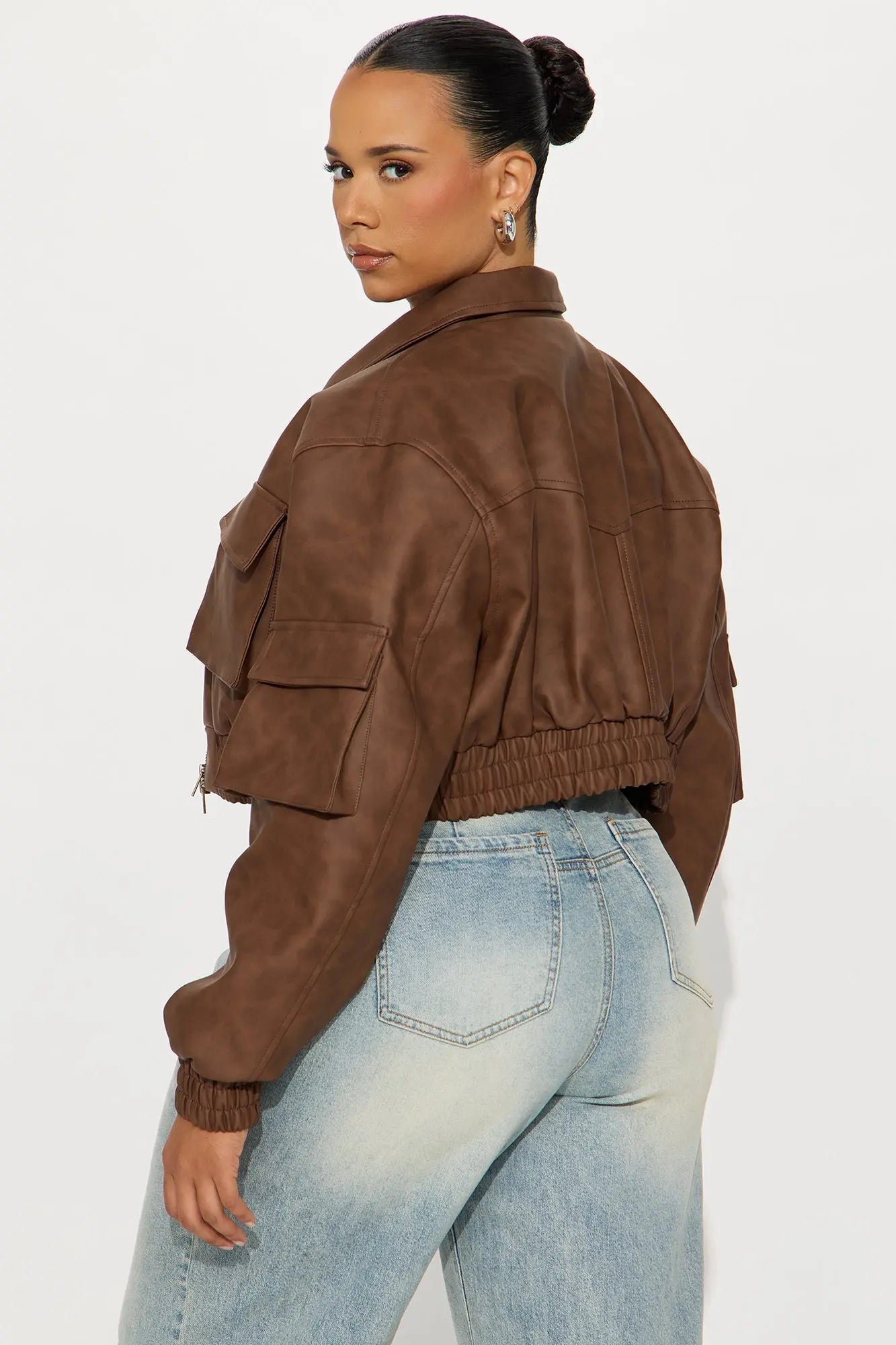 Georgie Cropped Faux Leather Bomber Jacket - Brown 