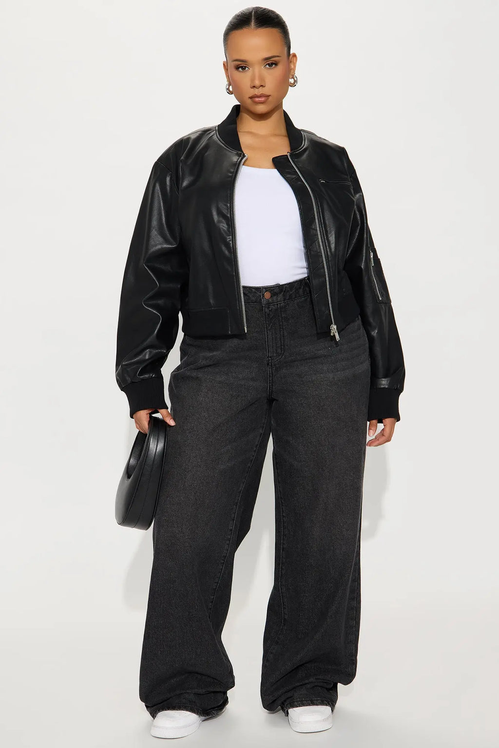 Brooke Faux Leather Bomber Jacket - Black 
