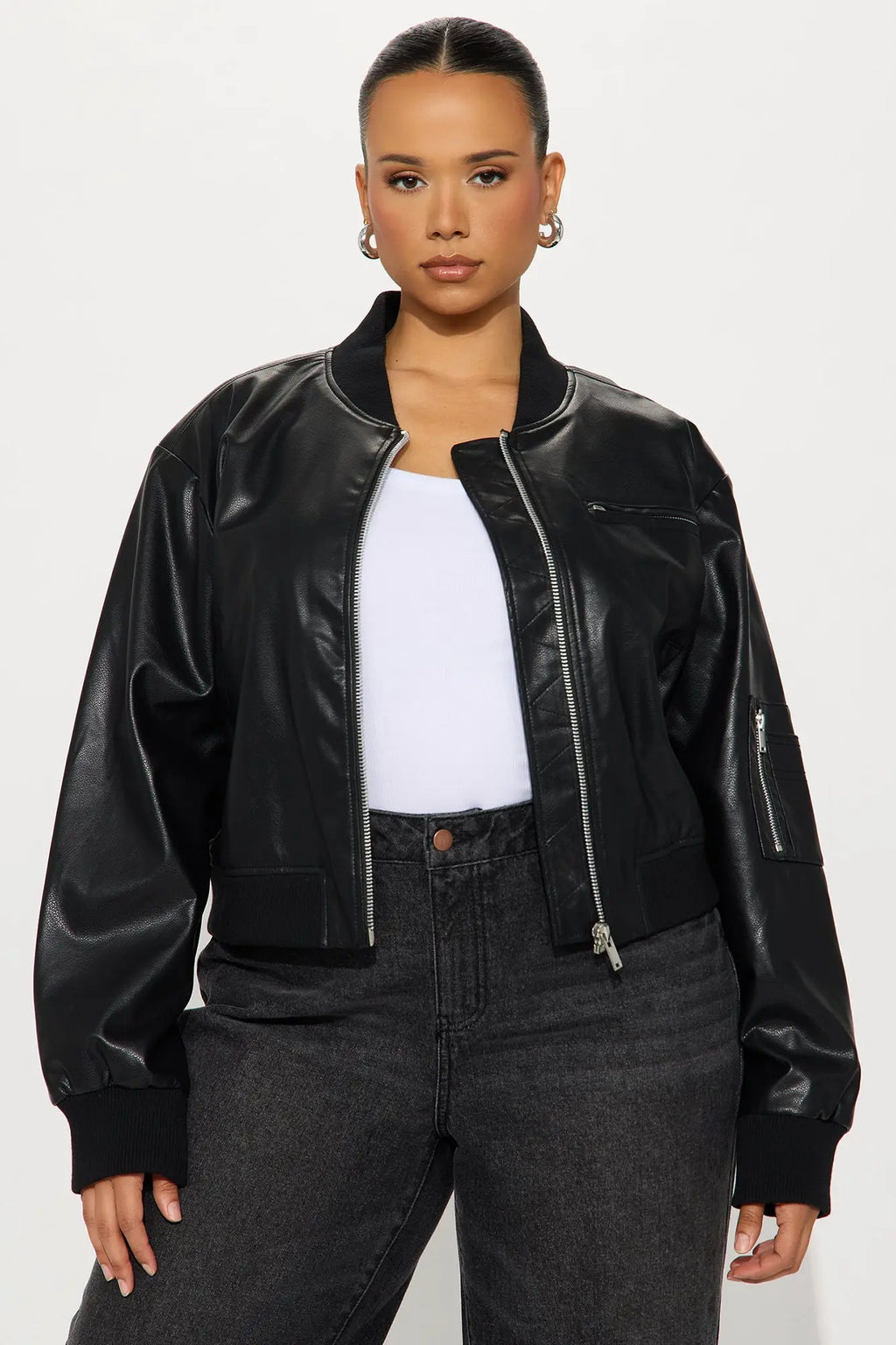 Brooke Faux Leather Bomber Jacket - Black 