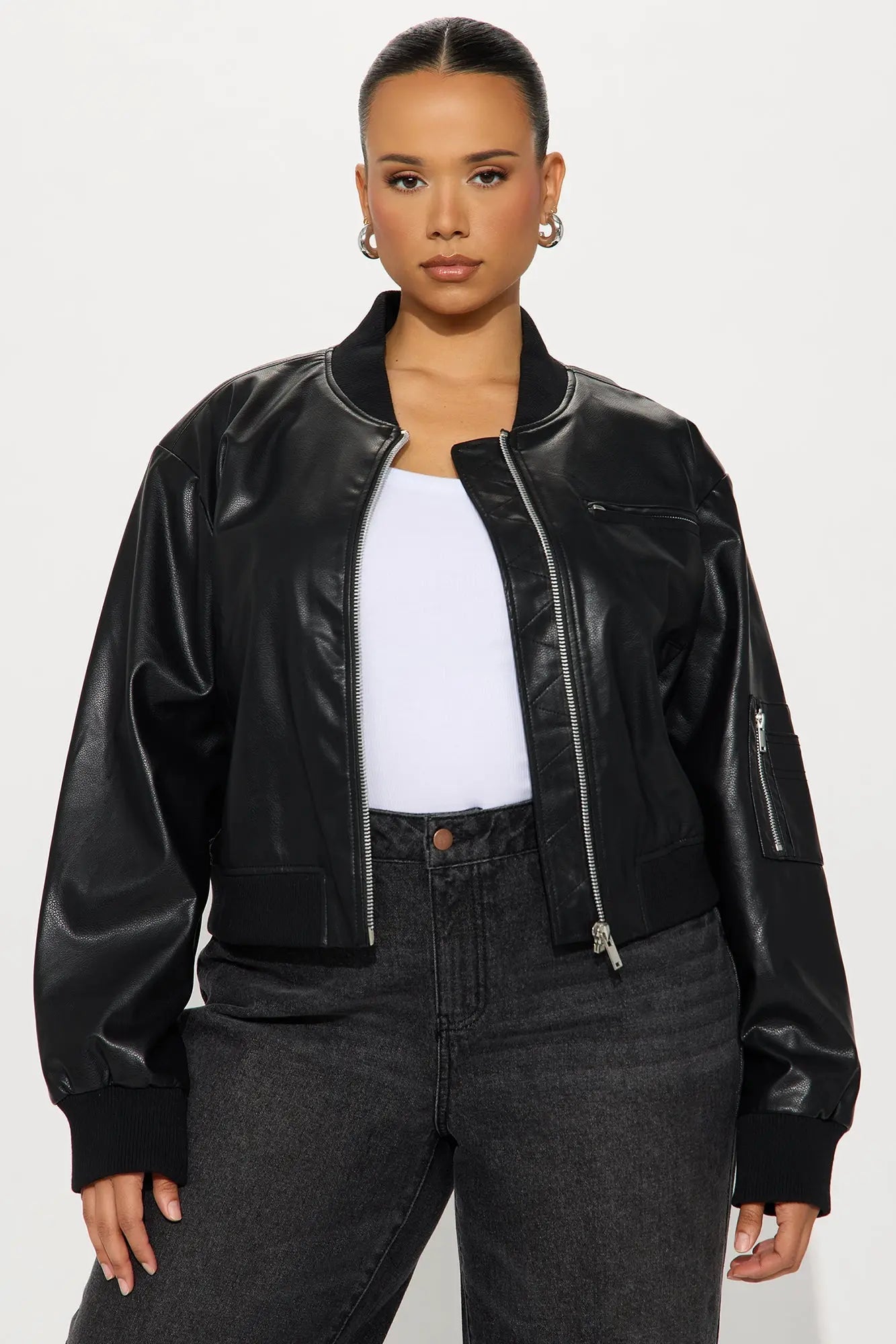 Brooke Faux Leather Bomber Jacket - Black 