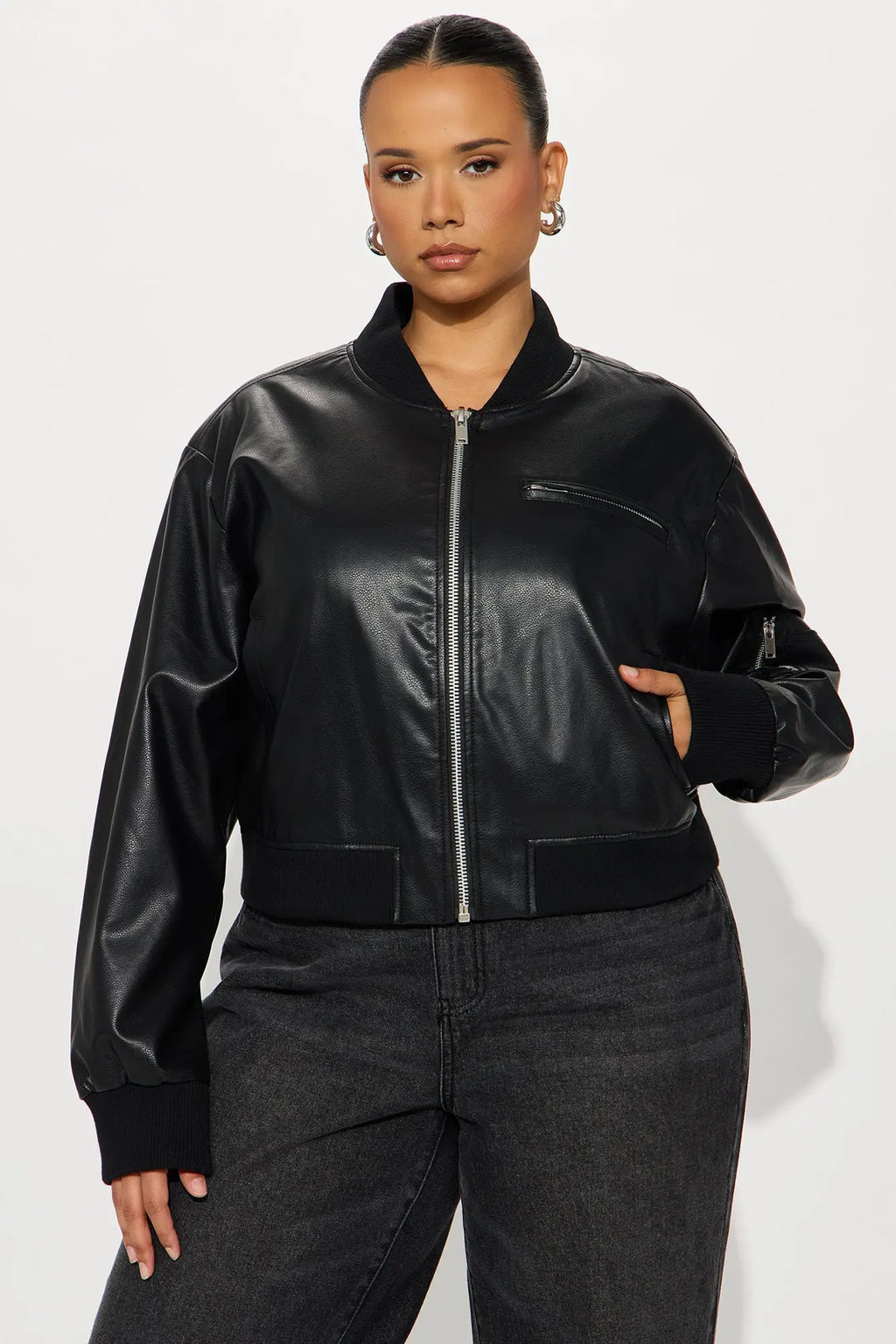 Brooke Faux Leather Bomber Jacket - Black 