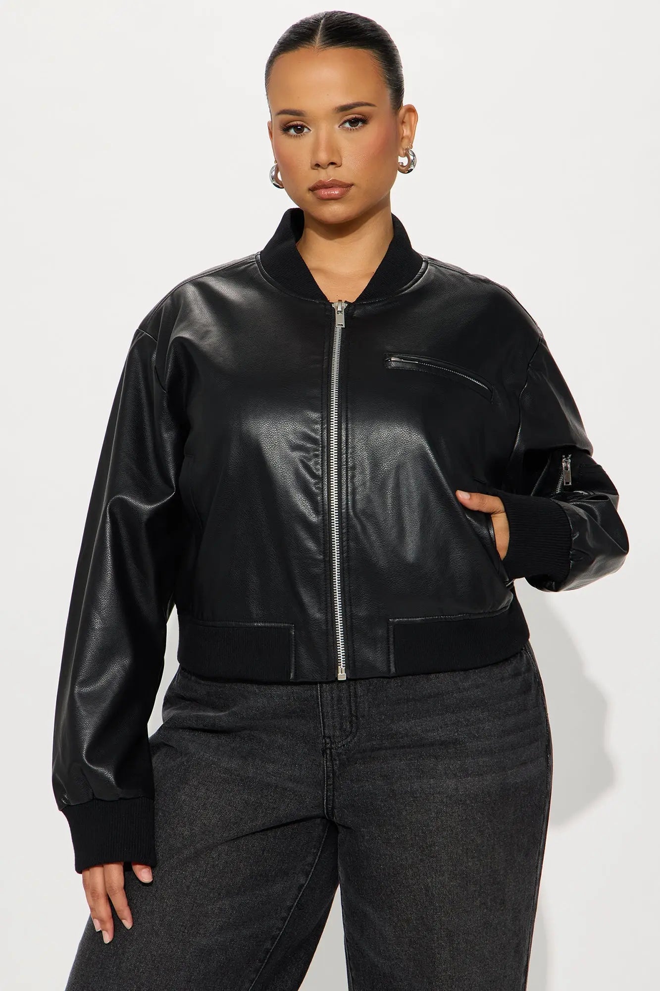 Brooke Faux Leather Bomber Jacket - Black 