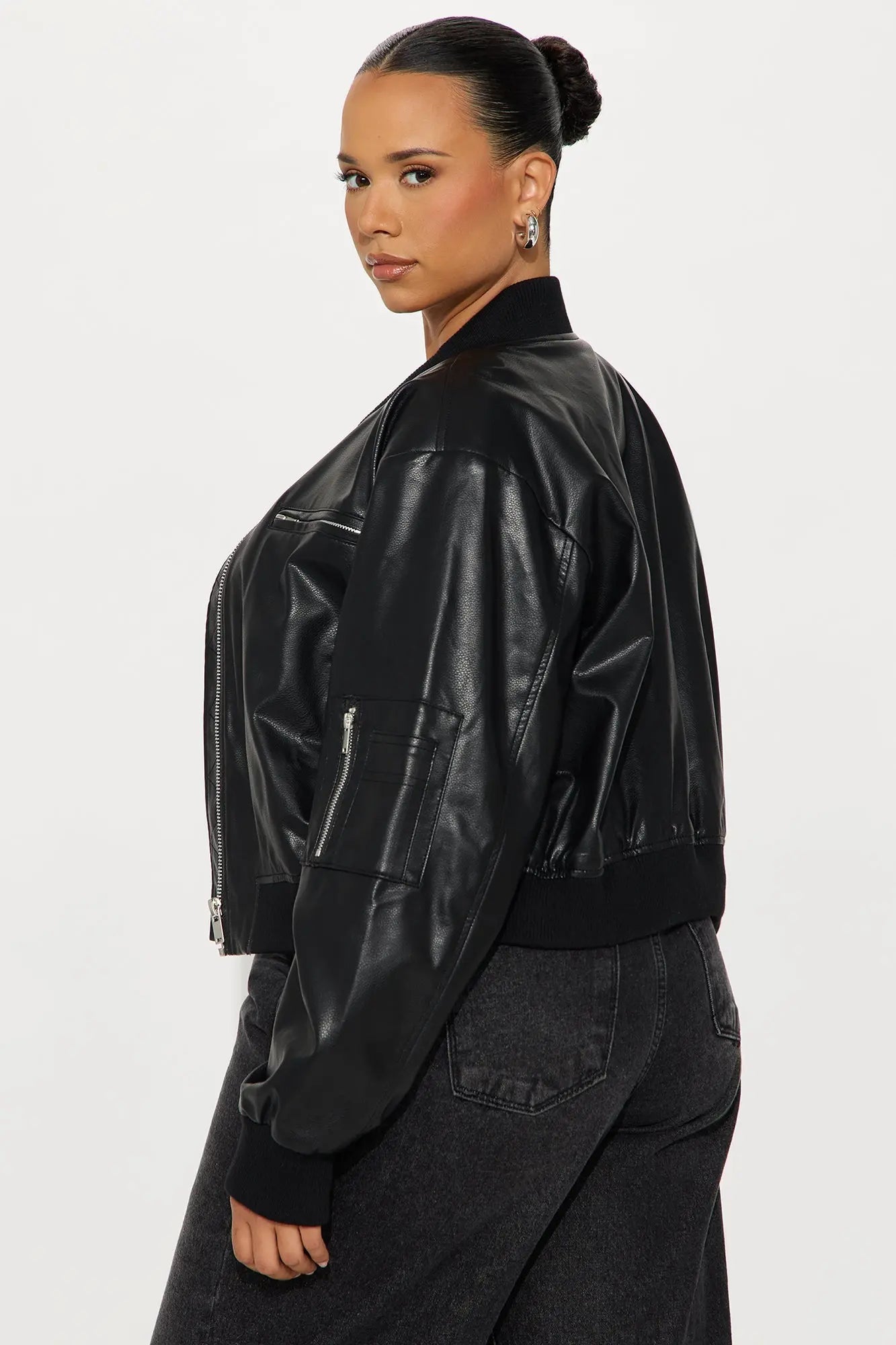 Brooke Faux Leather Bomber Jacket - Black 