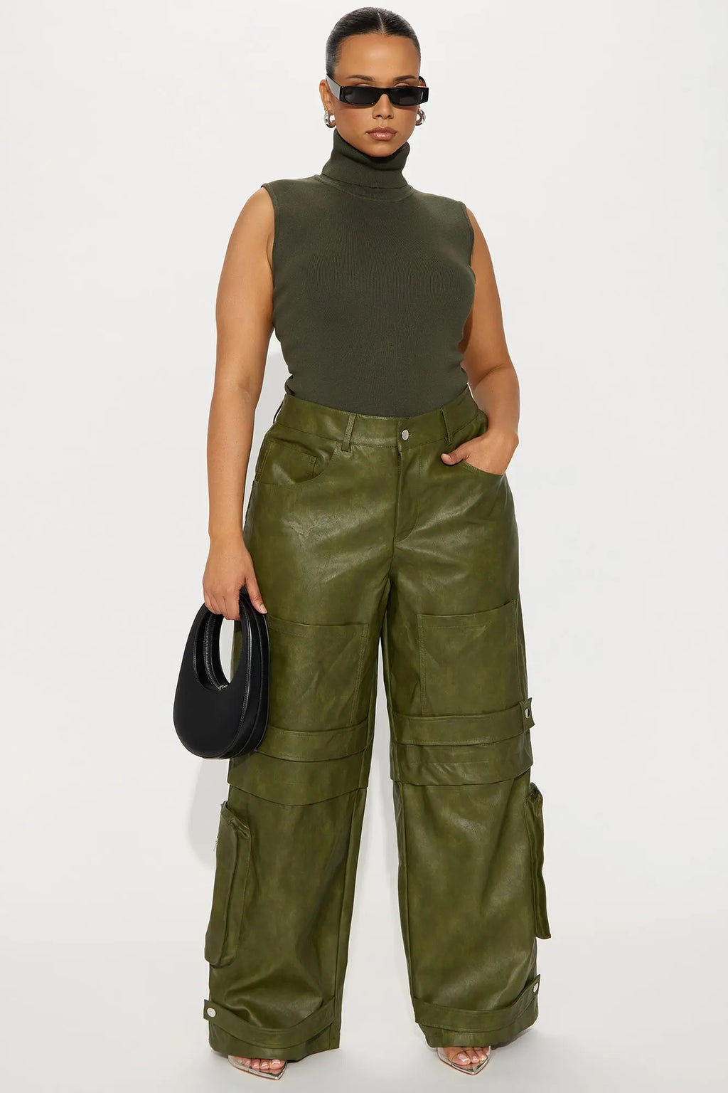 Street Heat Washed Faux Leather Cargo Pant - Military Green 