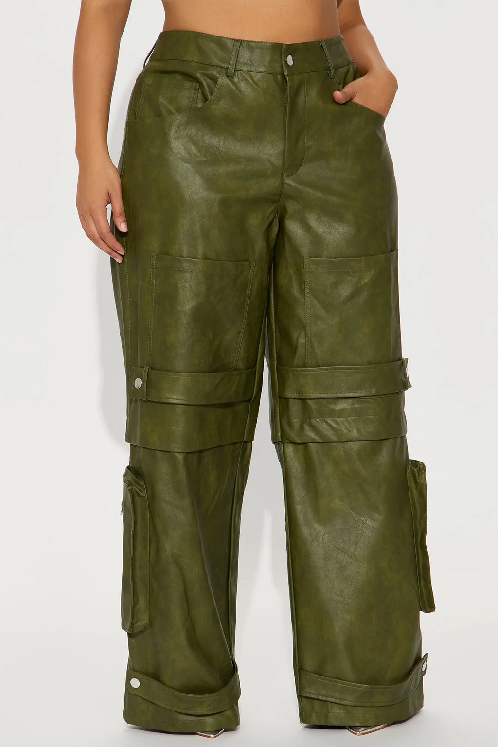 Street Heat Washed Faux Leather Cargo Pant - Military Green 
