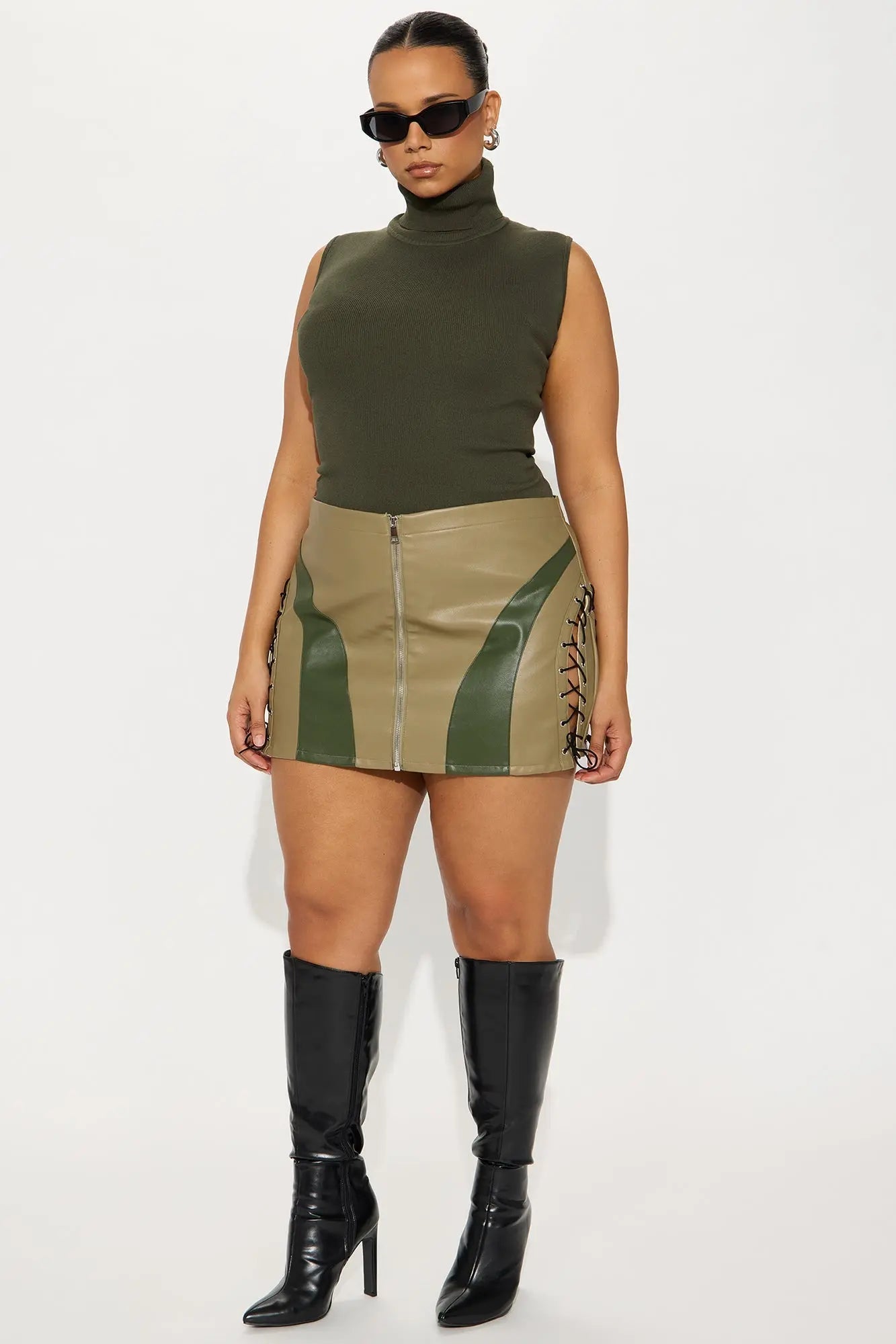 Hot Take Faux Leather Lace Up Mini Skirt - Olive/combo 