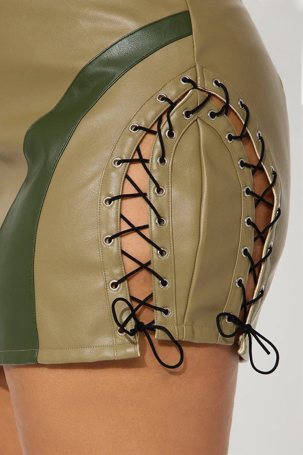 Hot Take Faux Leather Lace Up Mini Skirt - Olive/combo 