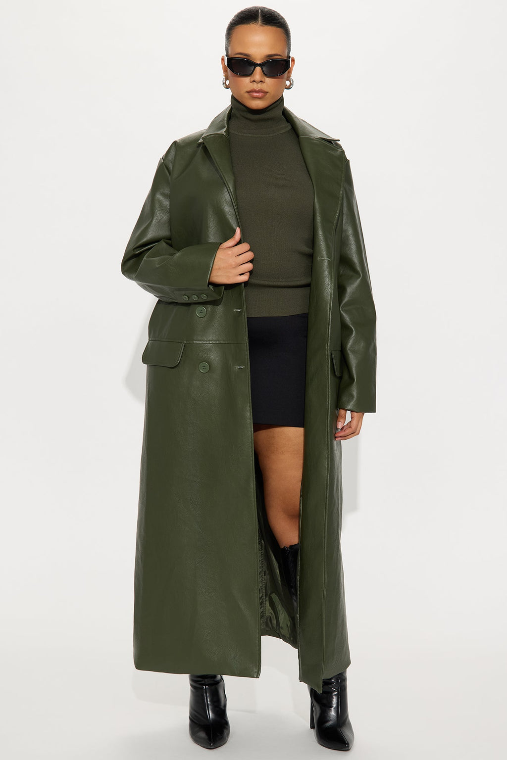 Drew Faux Leather Double Breasted Coat - Military Green 