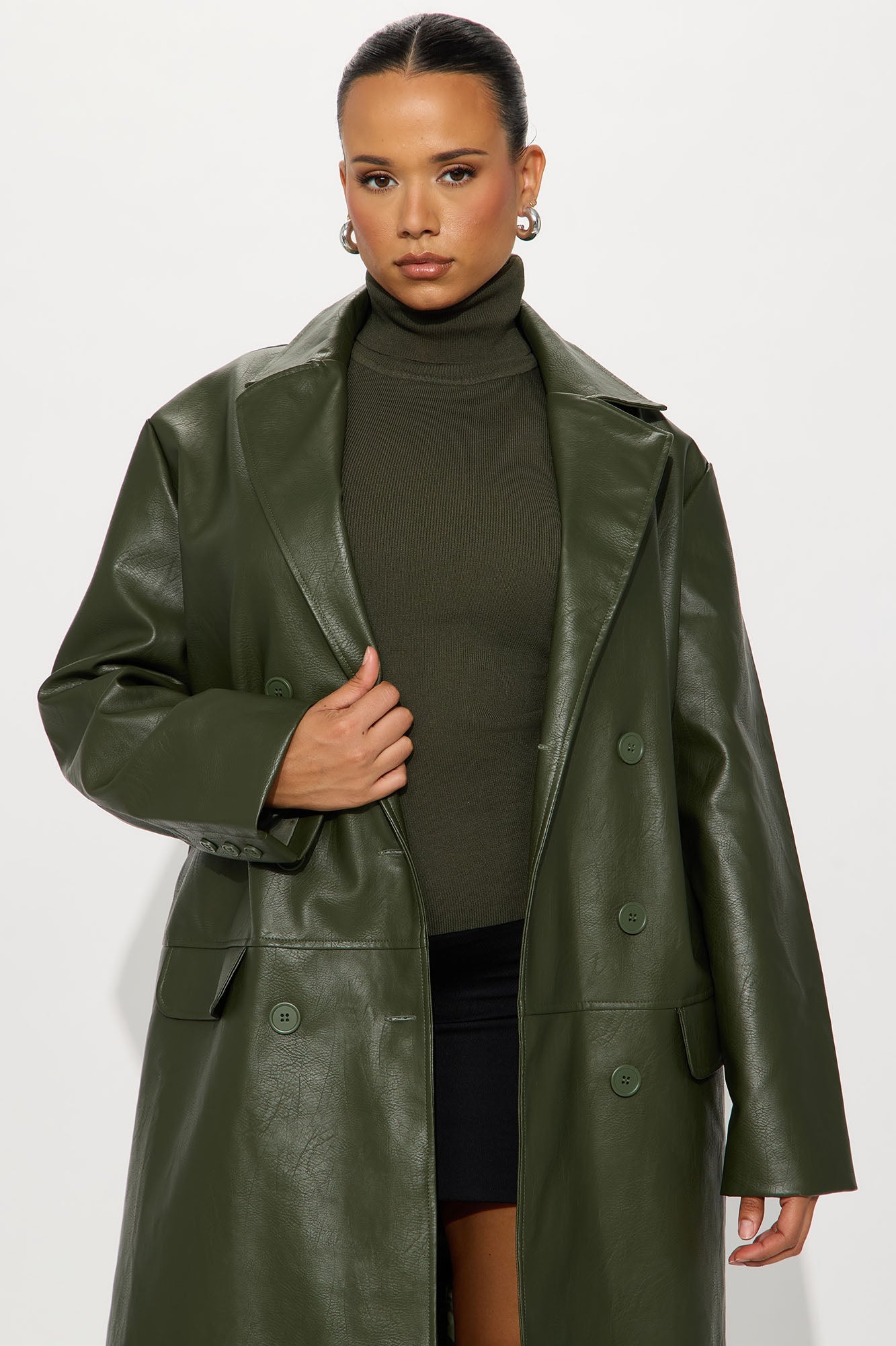 Drew Faux Leather Double Breasted Coat - Military Green 