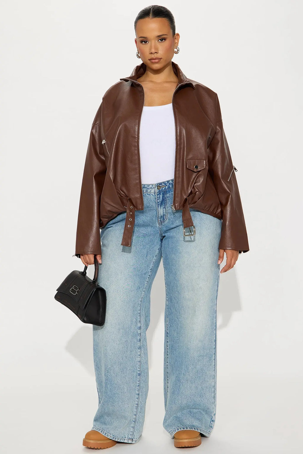 Skyline Belted Faux Leather Moto Jacket - Brown 