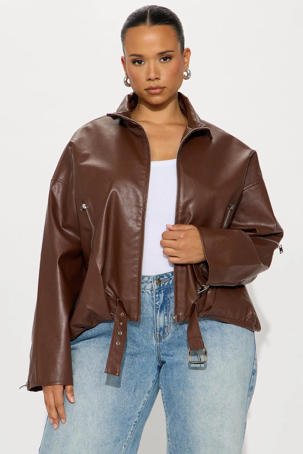 Skyline Belted Faux Leather Moto Jacket - Brown 