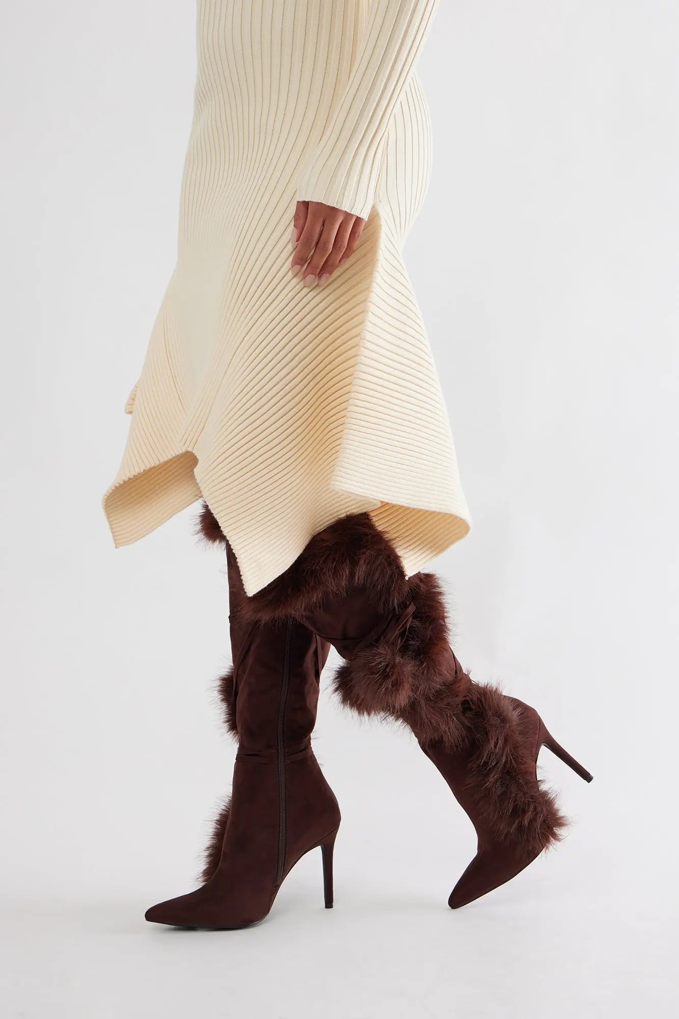 Signature Fur Trim Knee High Boots - Brown 
