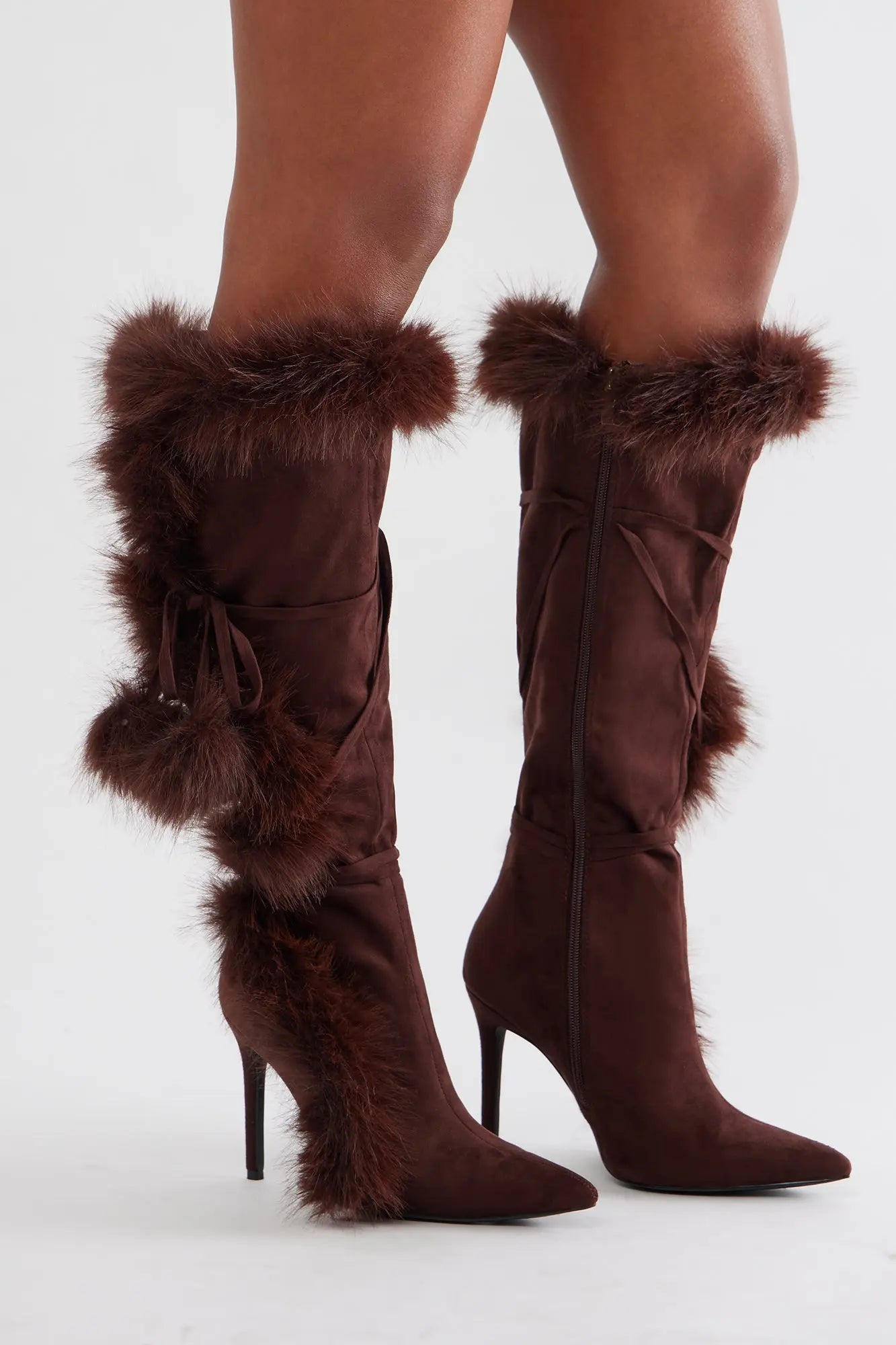 Signature Fur Trim Knee High Boots - Brown 