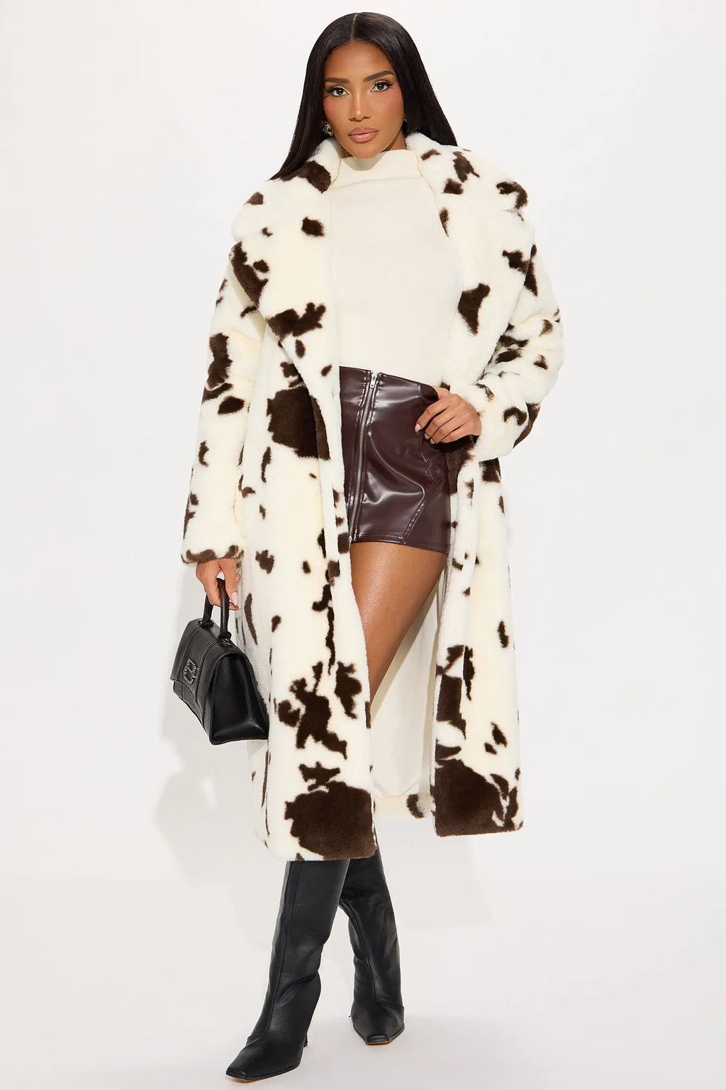 Cowgirl Glam Faux Fur Cow Print Coat - Brown/combo 