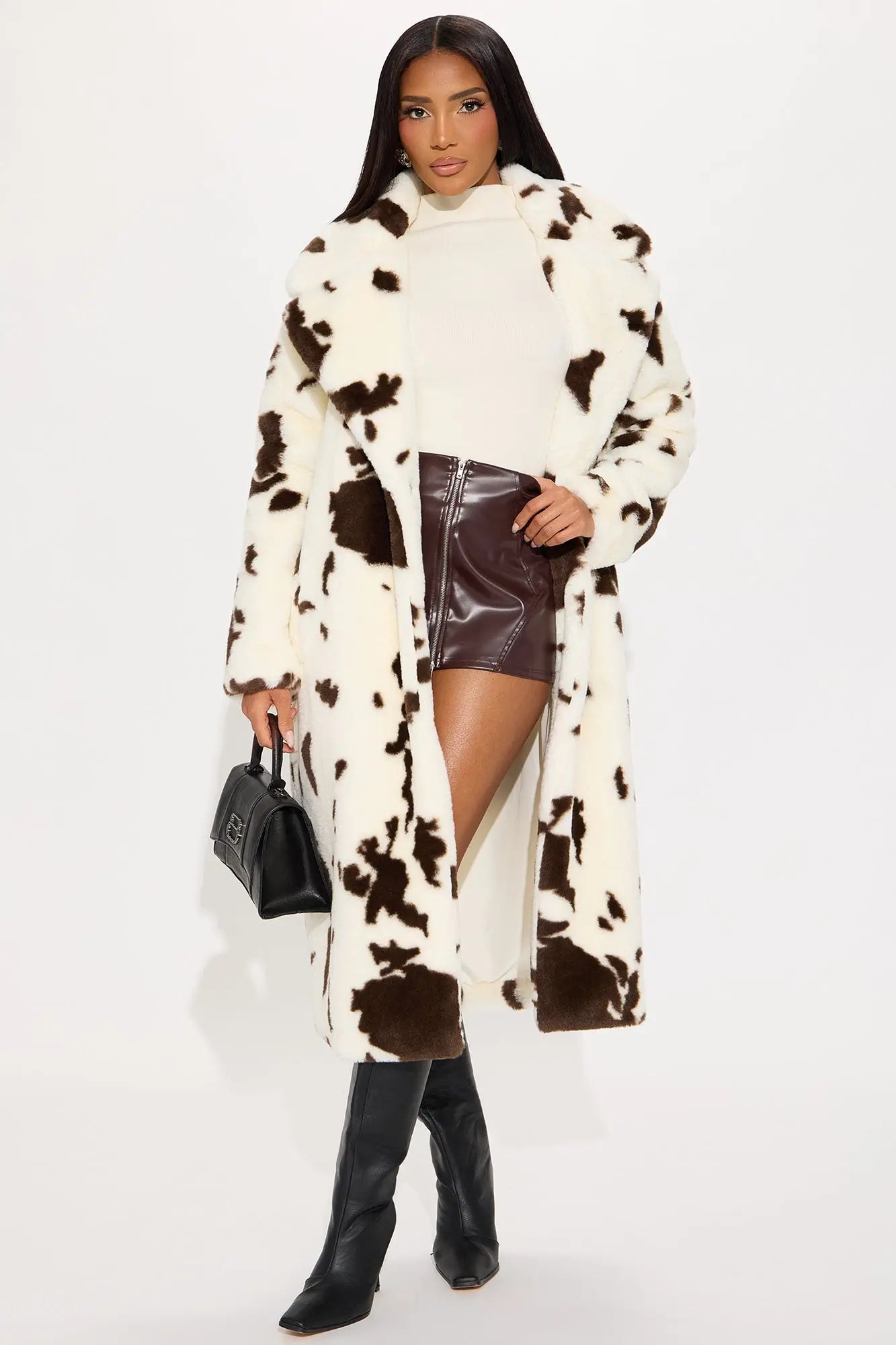 Cowgirl Glam Faux Fur Cow Print Coat - Brown/combo 