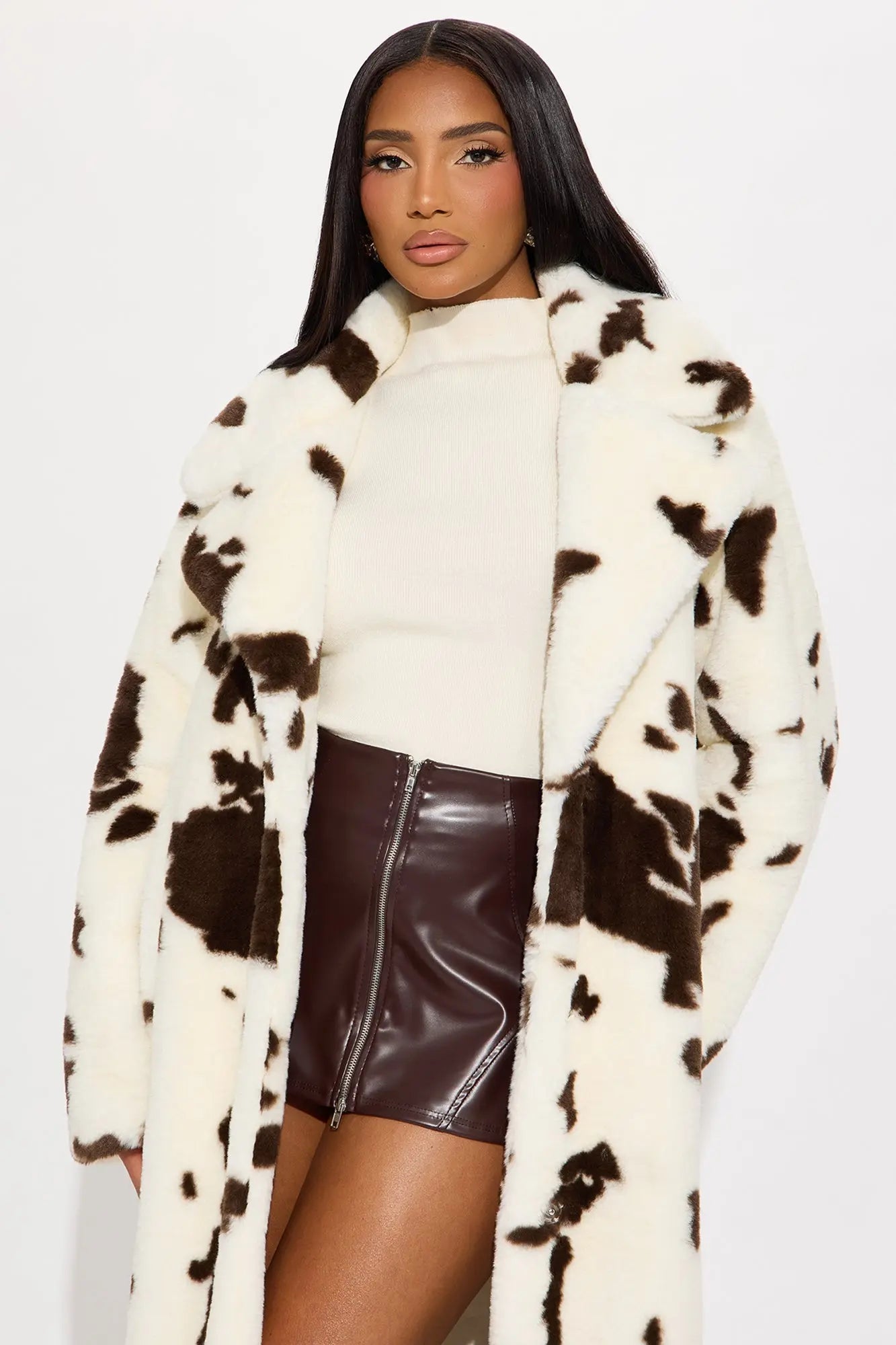 Cowgirl Glam Faux Fur Cow Print Coat - Brown/combo 