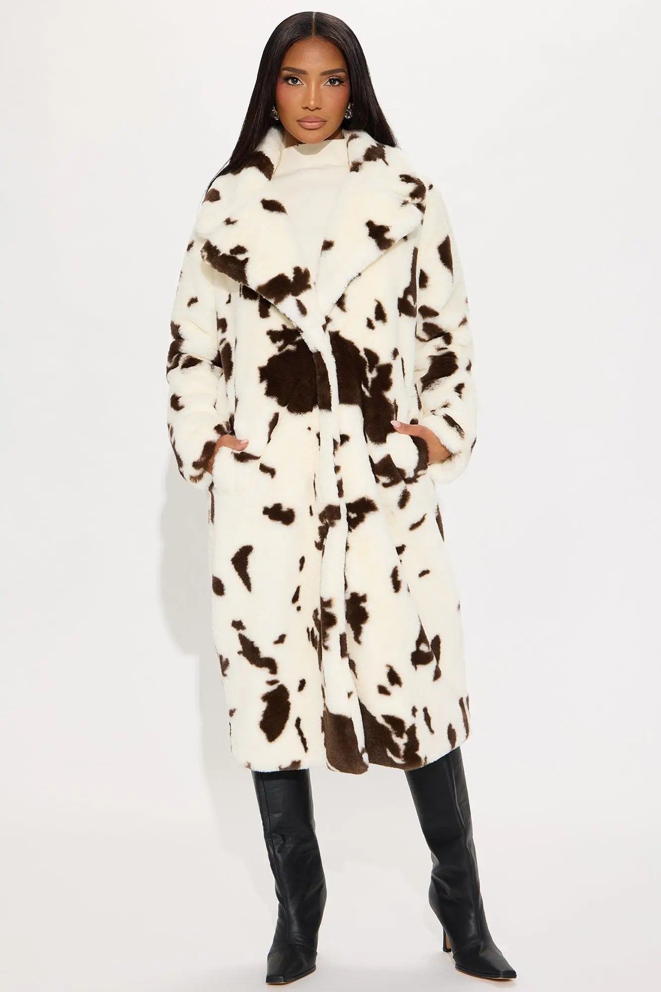 Cowgirl Glam Faux Fur Cow Print Coat - Brown/combo 