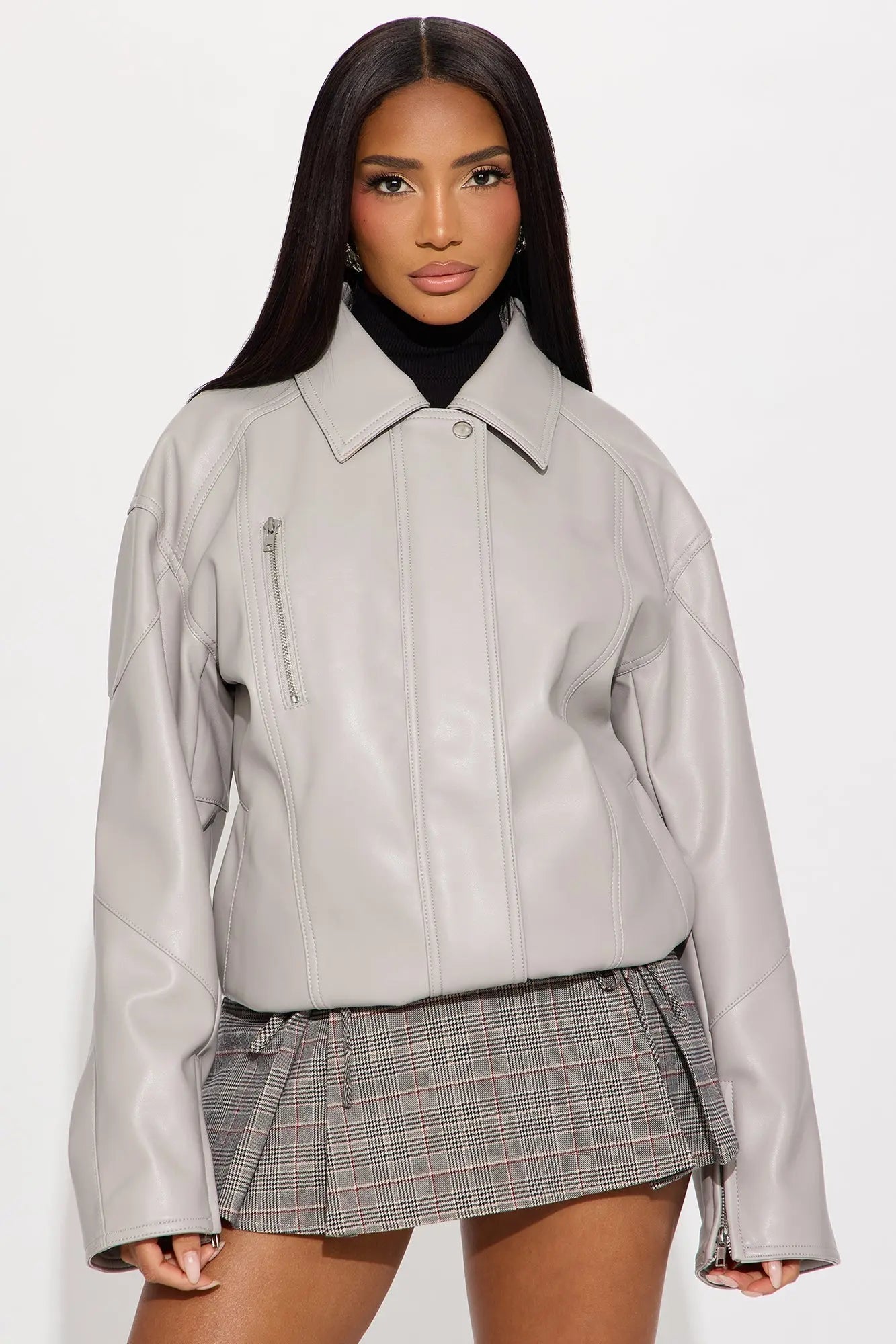 More To Come Faux Leather Bomber Jacket - Light Grey 