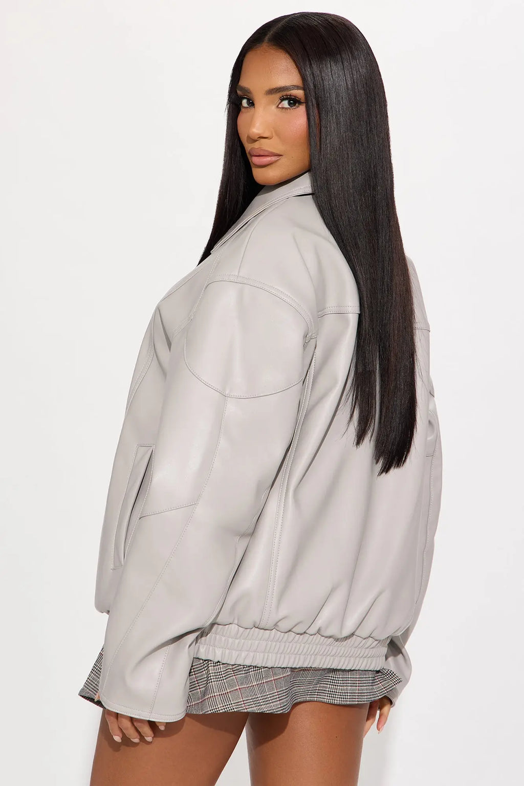 More To Come Faux Leather Bomber Jacket - Light Grey 