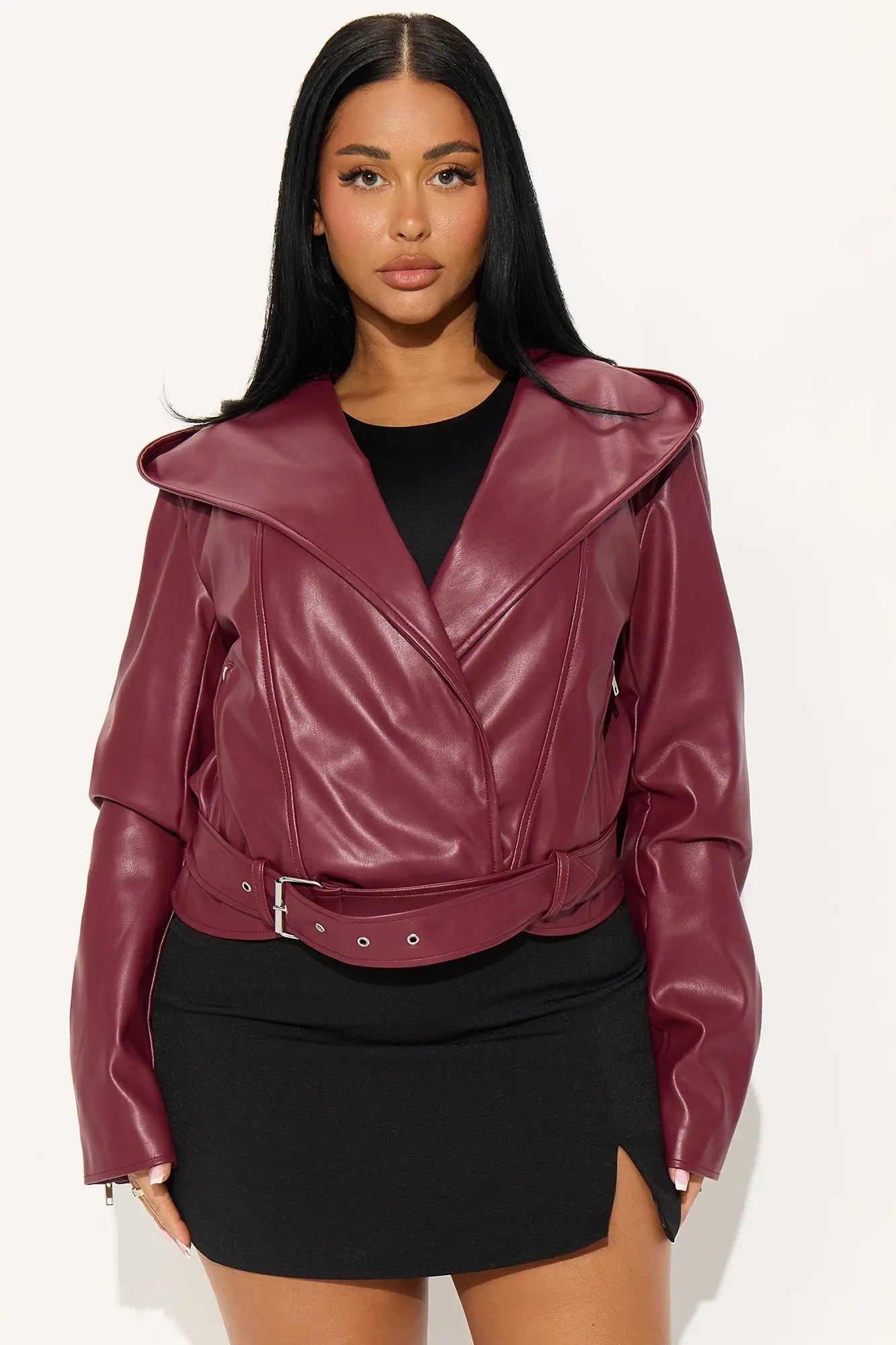 Rebel Hooded Faux Leather Moto Jacket - Burgundy 