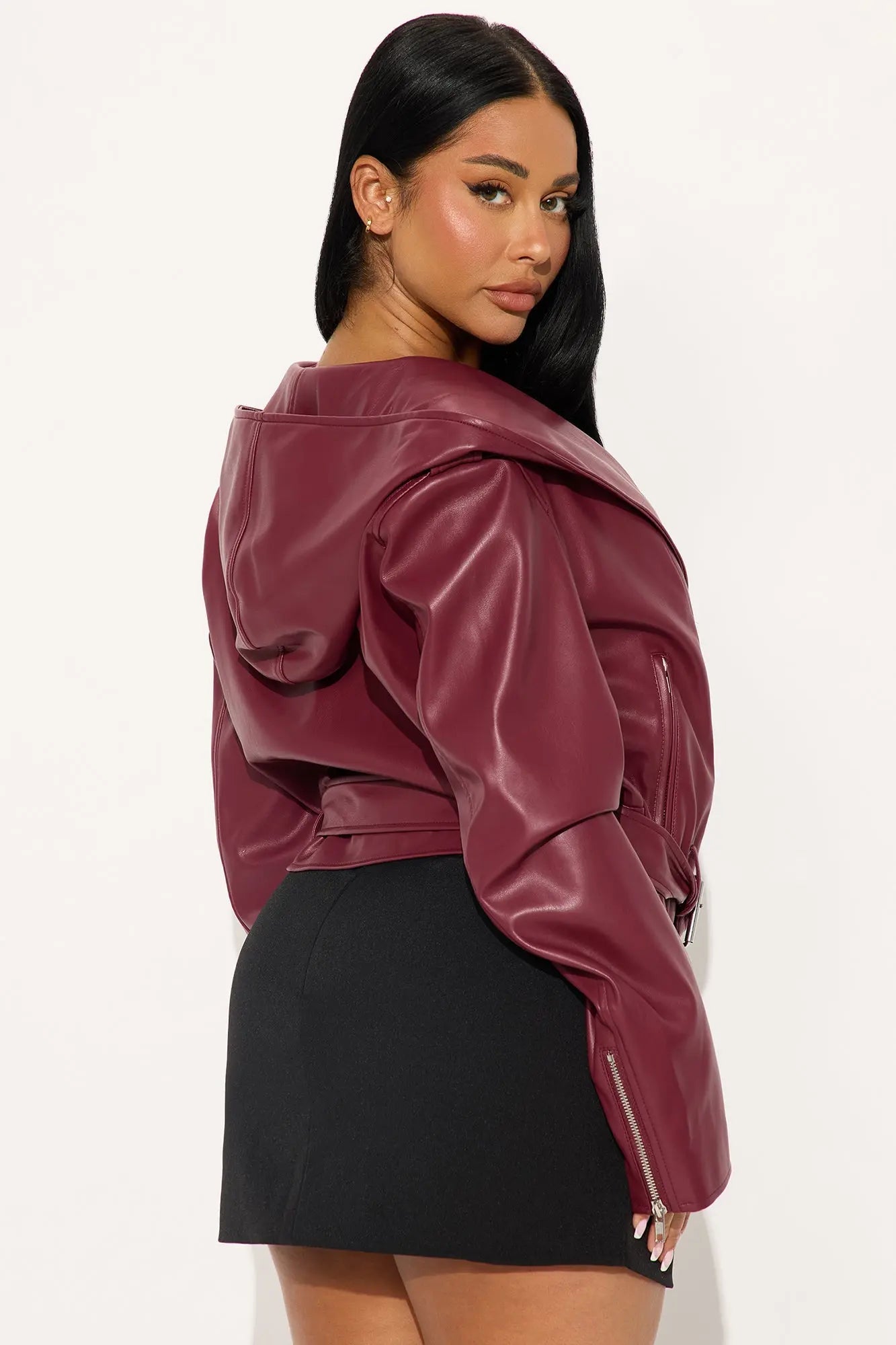 Rebel Hooded Faux Leather Moto Jacket - Burgundy 