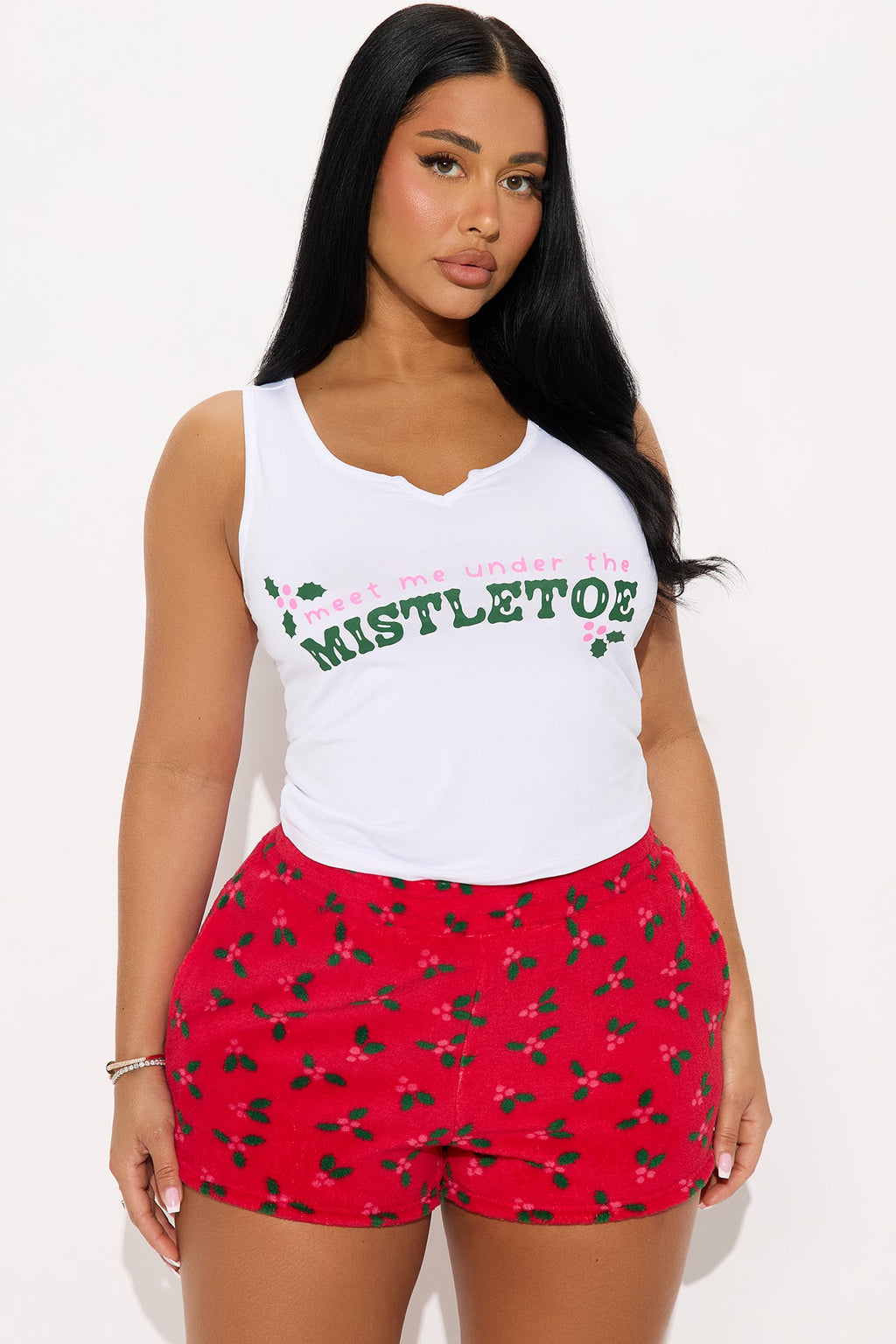 Under The Mistletoe Tank Plush PJ Short Set - Red/White