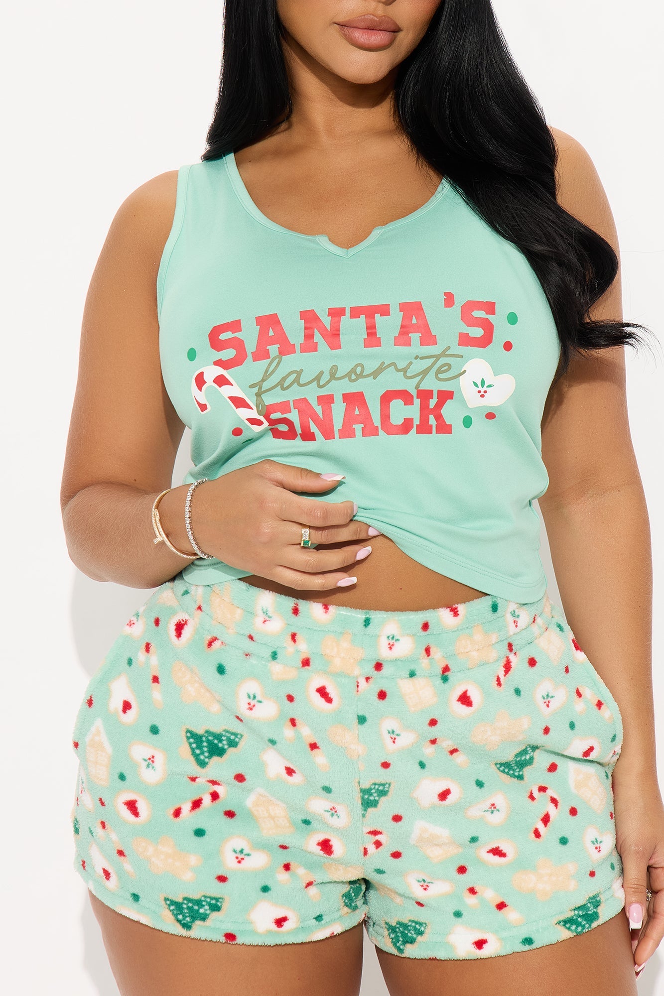 Santa's Favorite Snack Tank Plush PJ Short Set - Sage