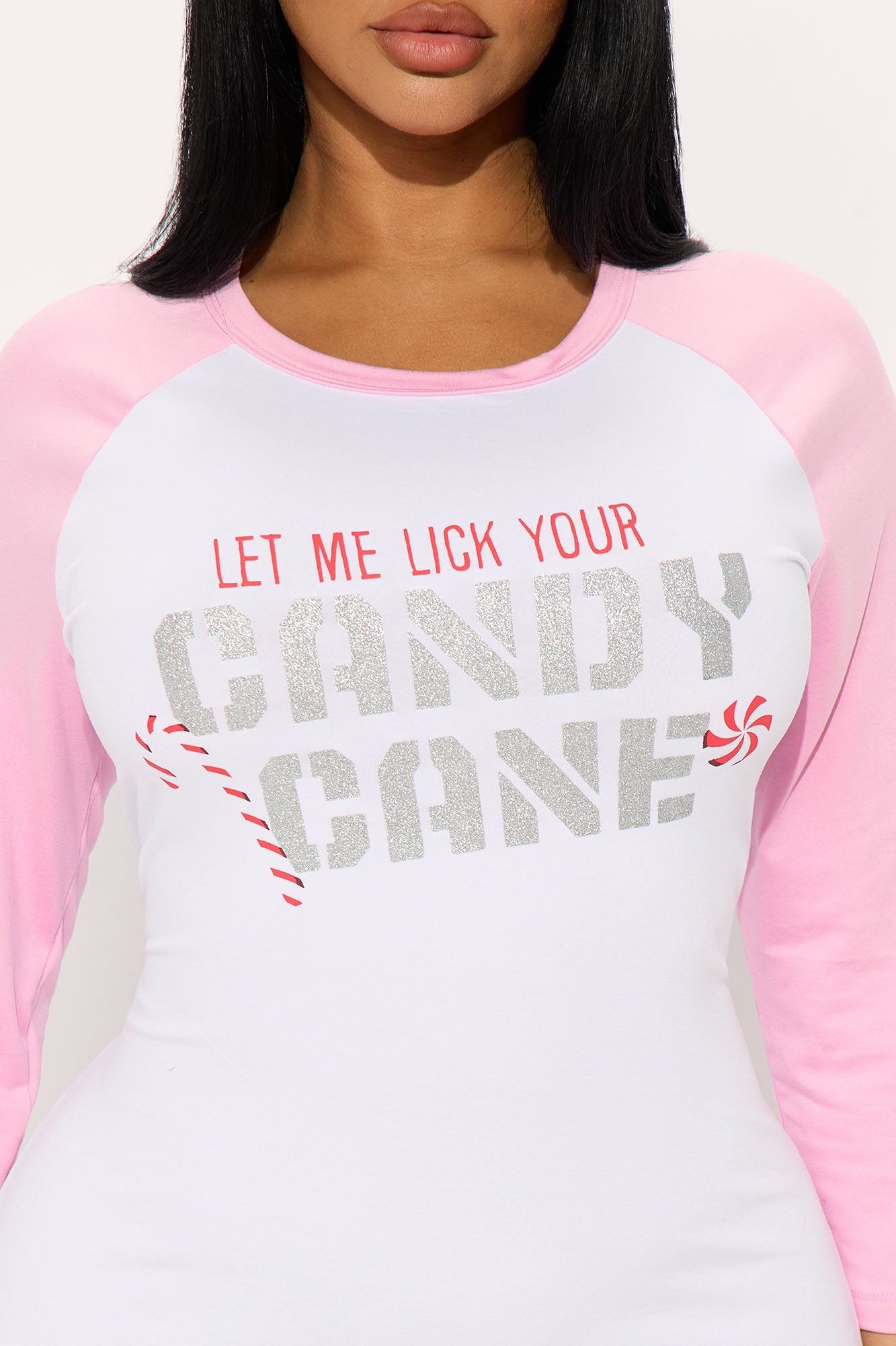 Lick Your Candy Cane Glitter PJ Sleep Shirt - White/Pink