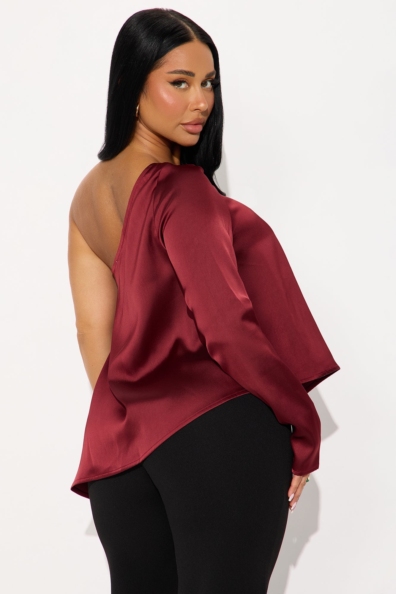 Sugar High One Shoulder Satin Top - Burgundy