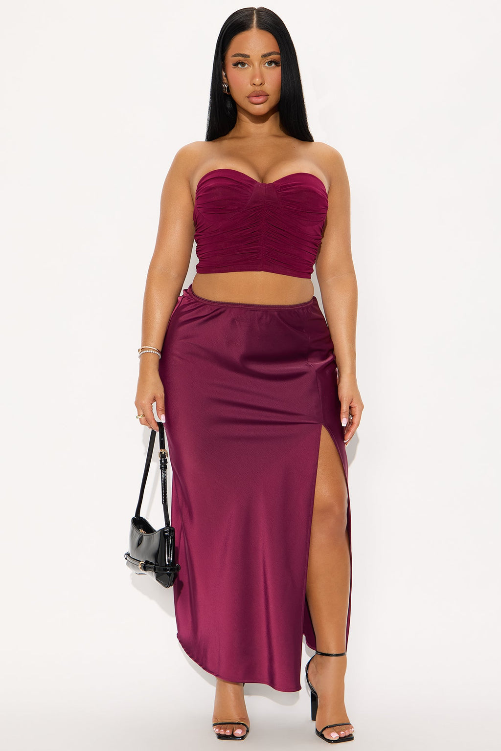 Love At Midnight Satin Front Slit Maxi Skirt - Wine 